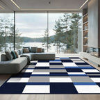 Navy Blue Gray White Geometric Blocks Rug