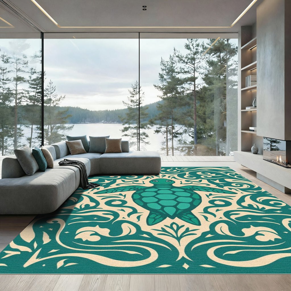 Teal Turtle Ornamental Swirl Rug