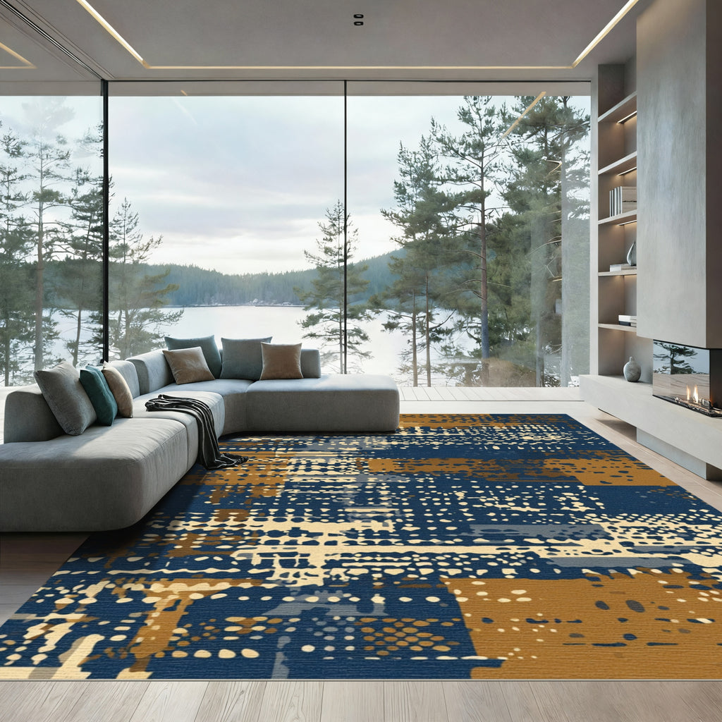 Abstract Blue Ochre Dot Collage Rug