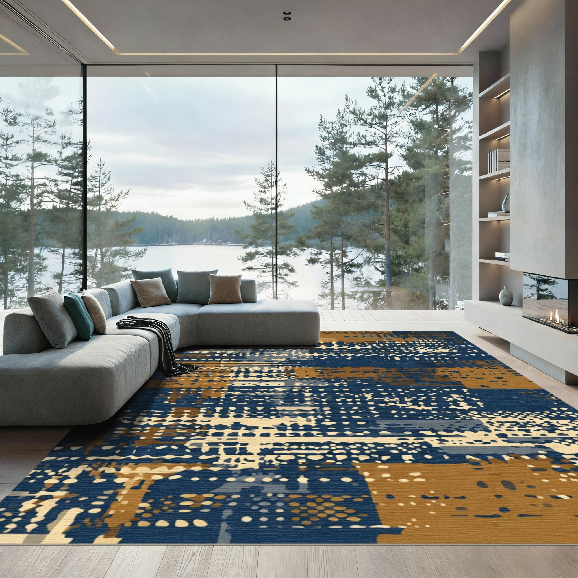 Abstract Blue Ochre Dot Collage Rug