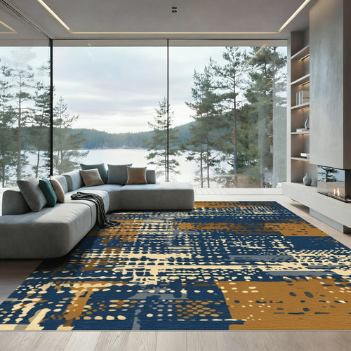 Abstract Blue Ochre Dot Collage Rug