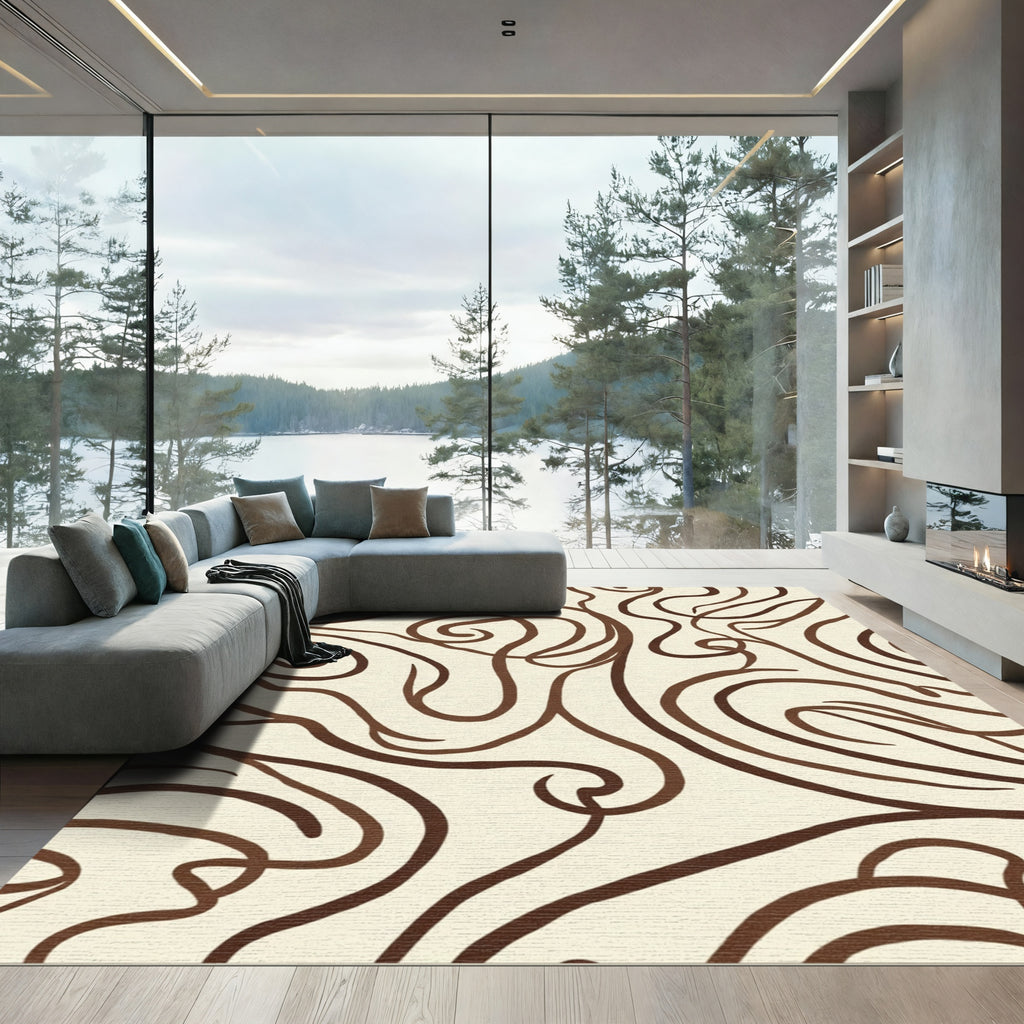 Cream Brown Abstract Swirl Flow Rug