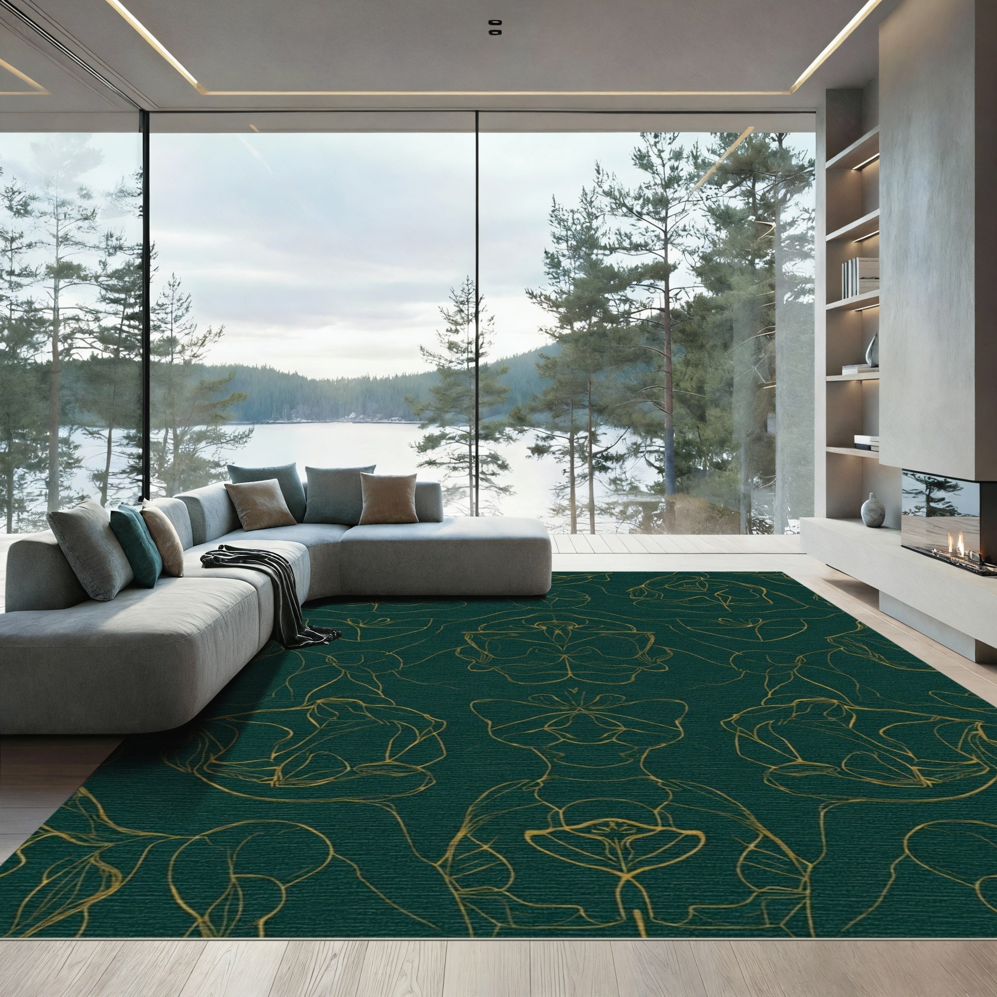 Emerald Gold Abstract Symmetrical Figures Rug