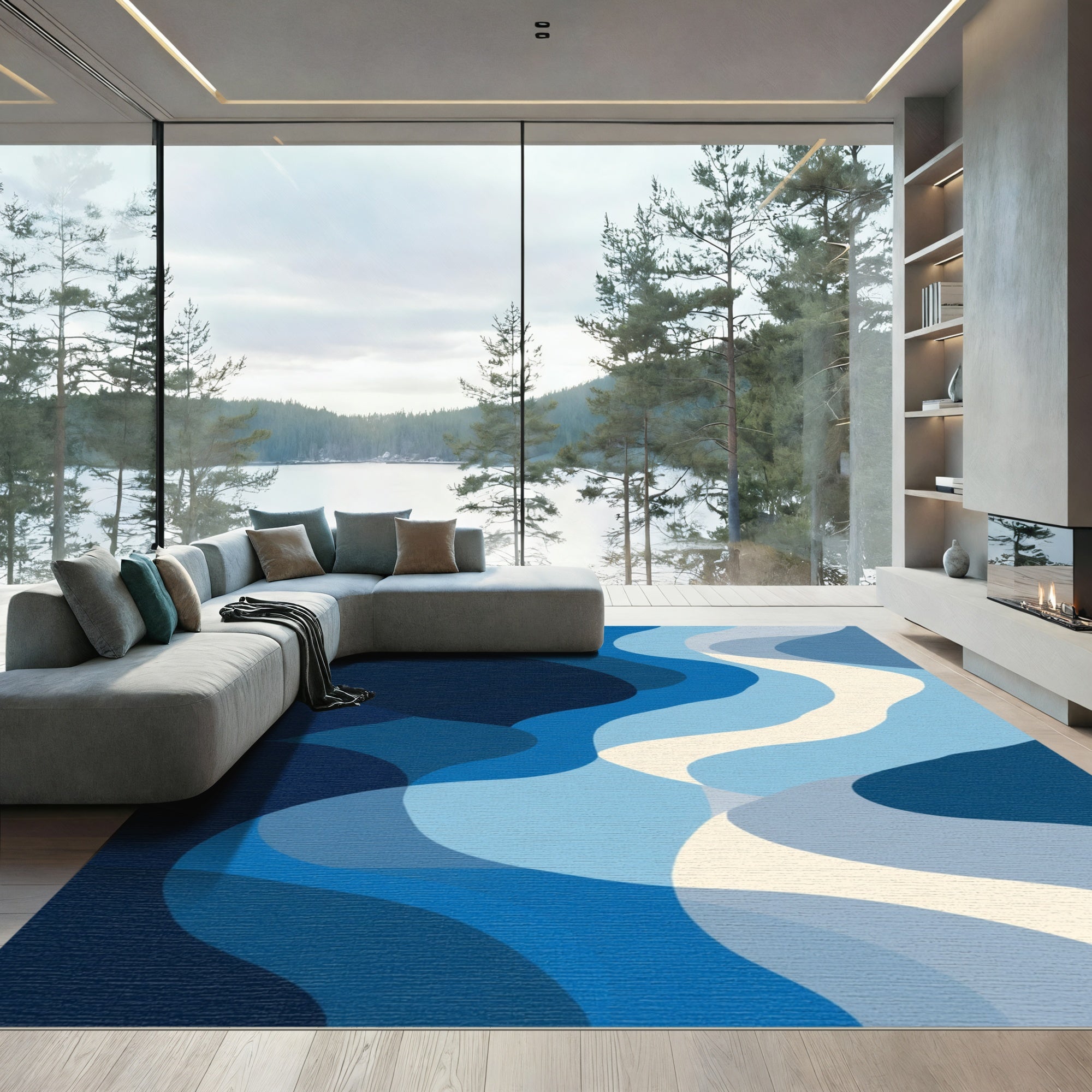 Marine Blue Flowing Waves Rug