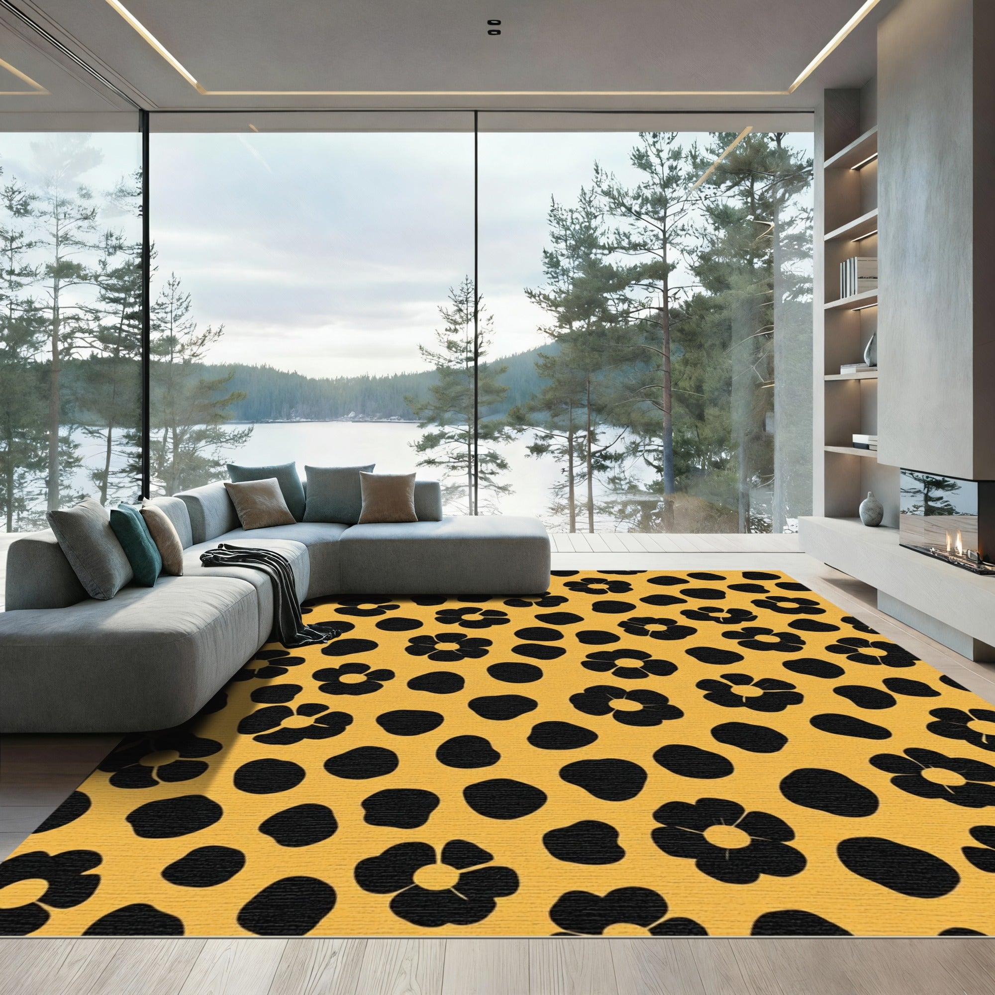Black Floral Ochre Dot Spot Rug
