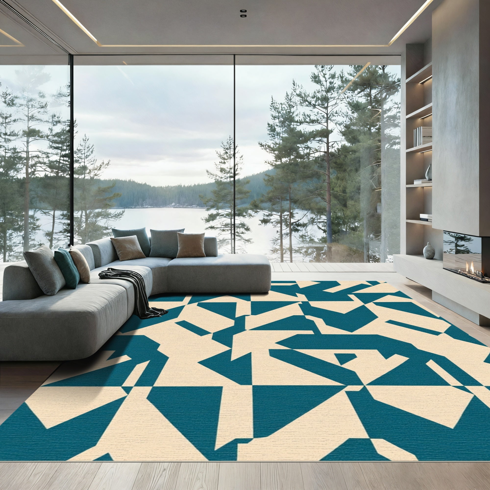 Teal Beige Geometric Abstract Composition Rug