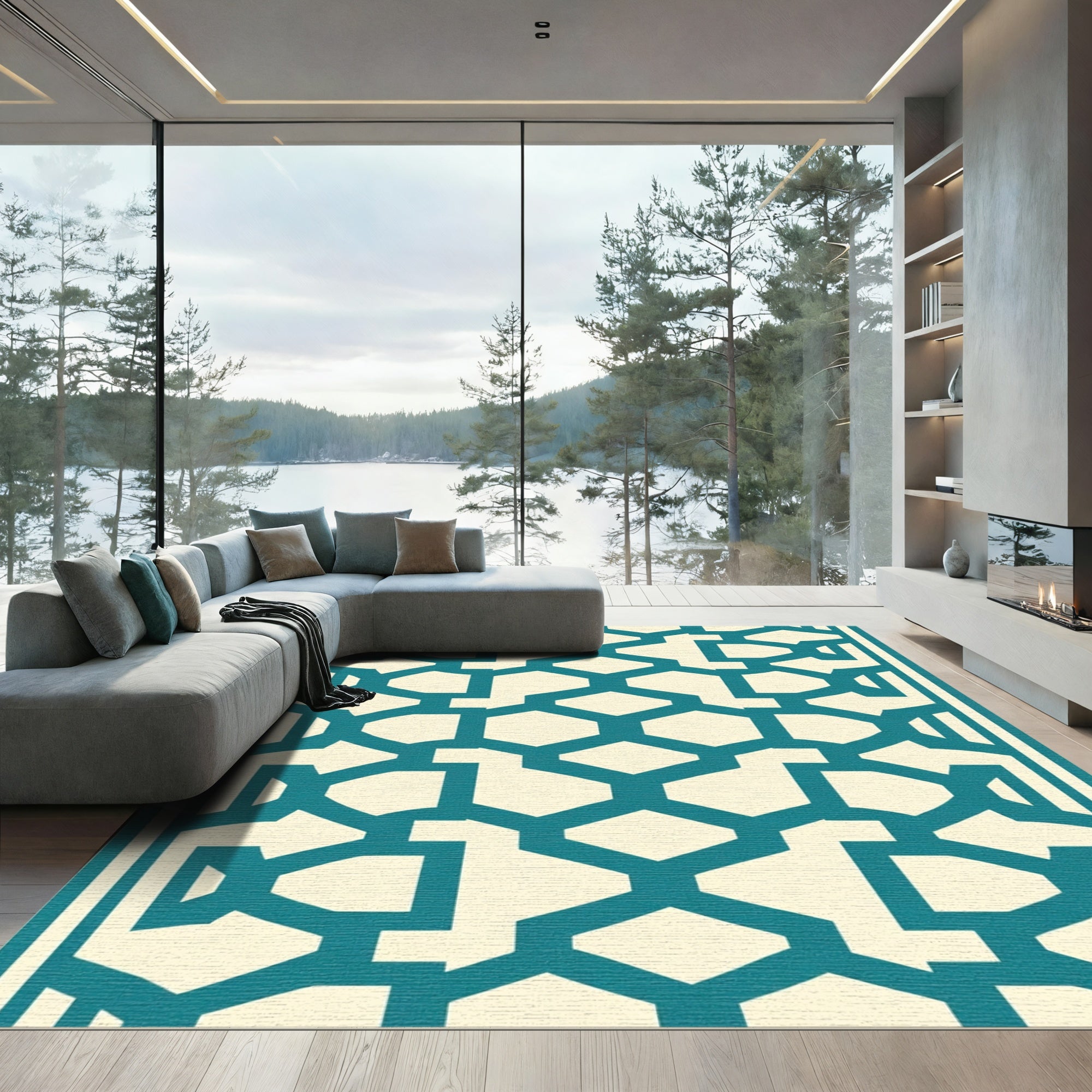 Teal Cream Geometric Interlocking Forms Rug