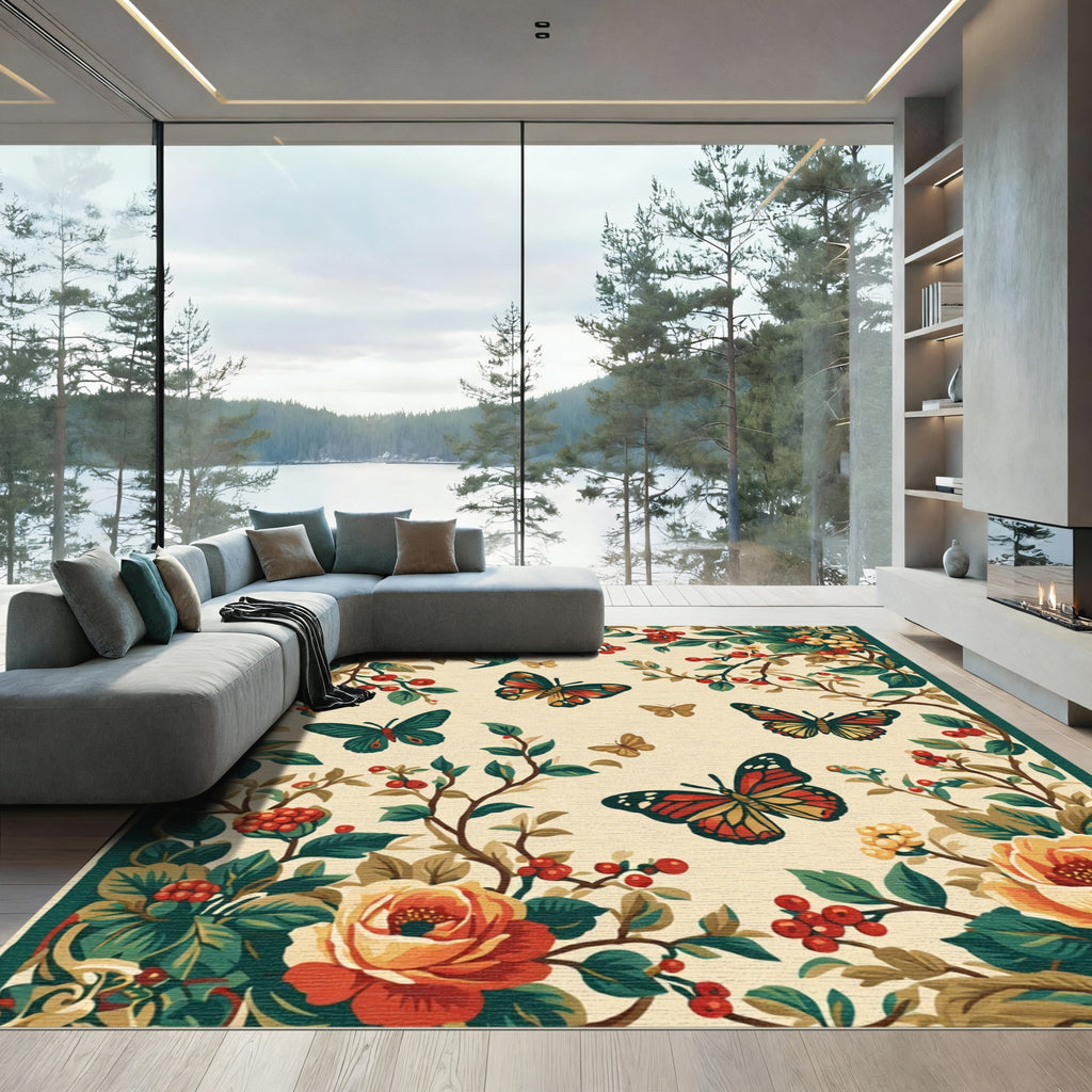 Vintage Floral Butterfly Garden Rug