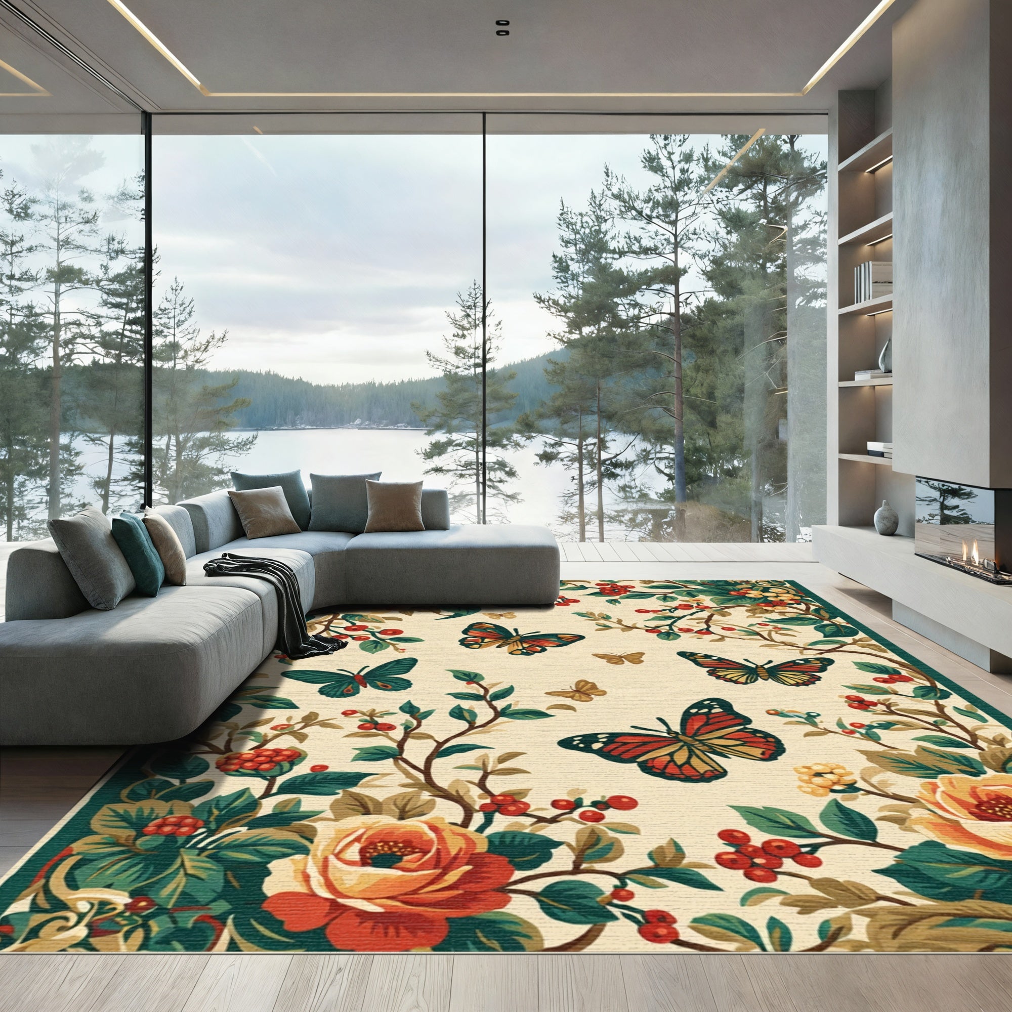 Vintage Floral Butterfly Garden Rug