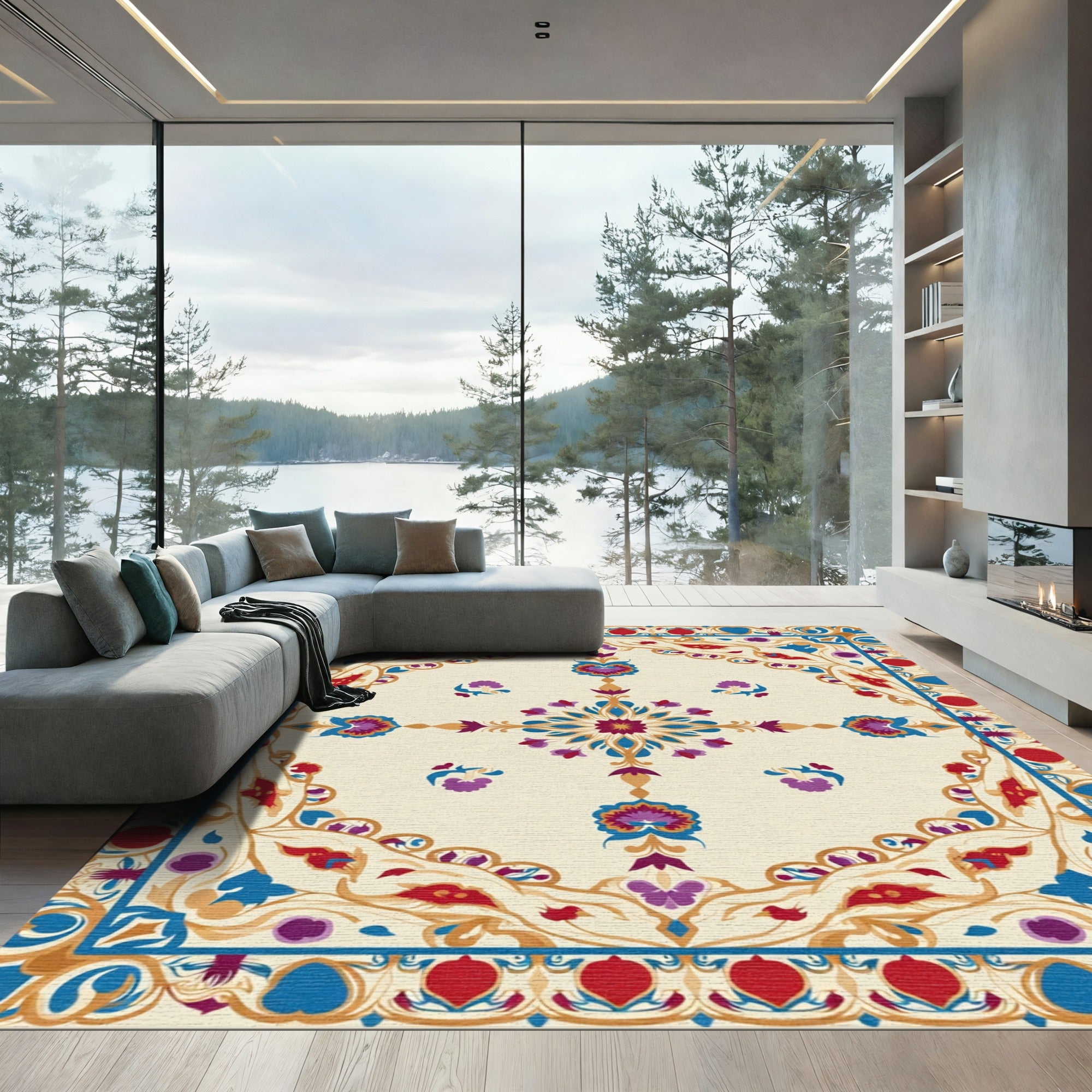 Vibrant Floral Medallion With Blue Border Rug