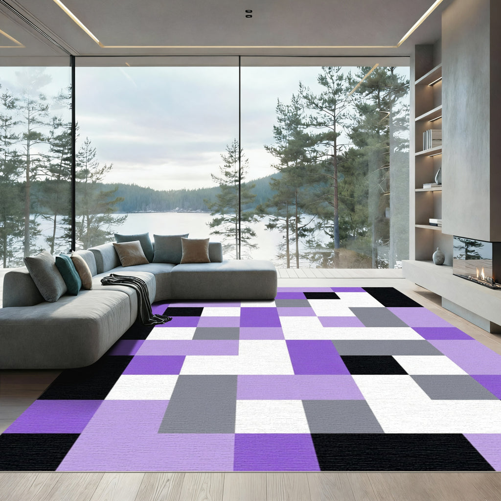 Modern Purple Gray White Geometric Blocks Rug