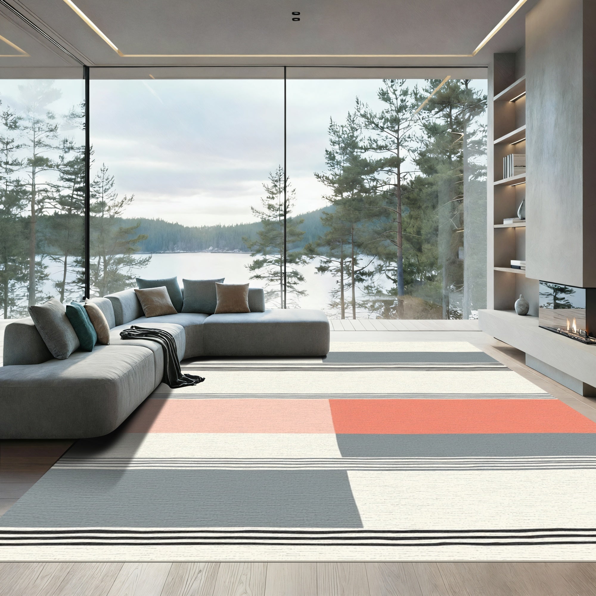 Coral Gray Blocks Striped Rug