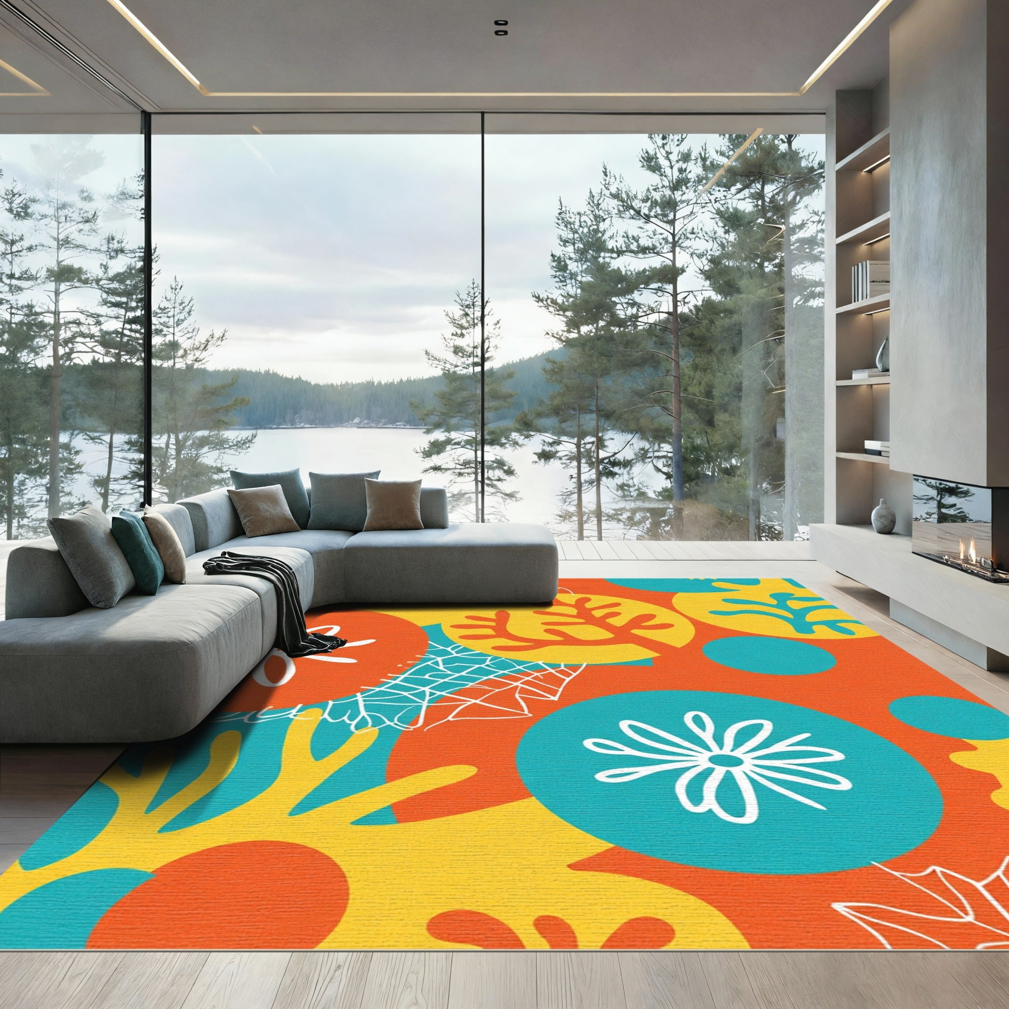 Vibrant Coral Yellow Aqua Abstract Shapes Rug