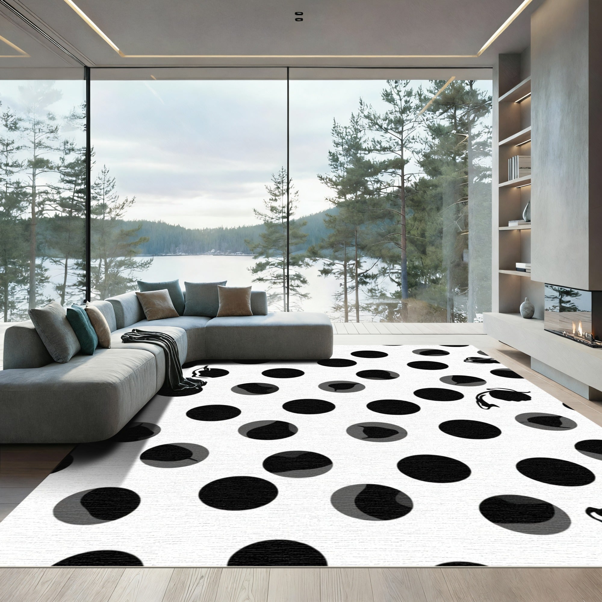 Black White Polka Dot Floral Whimsical Rug