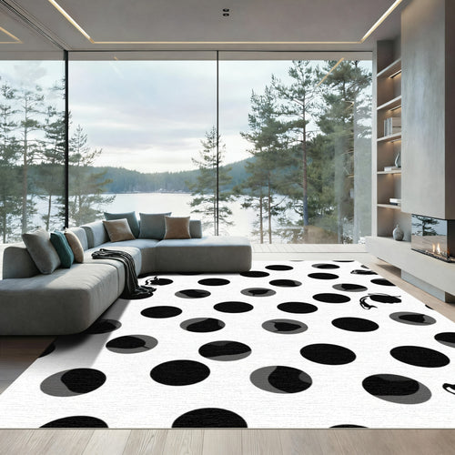 Black White Polka Dot Floral Whimsical Rug