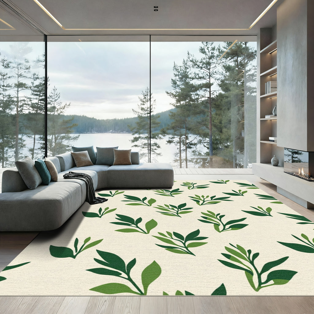 Green Leafy Branches on Cream Field Rug
