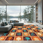 Earthy Orange Teal Tribal Grid Rug