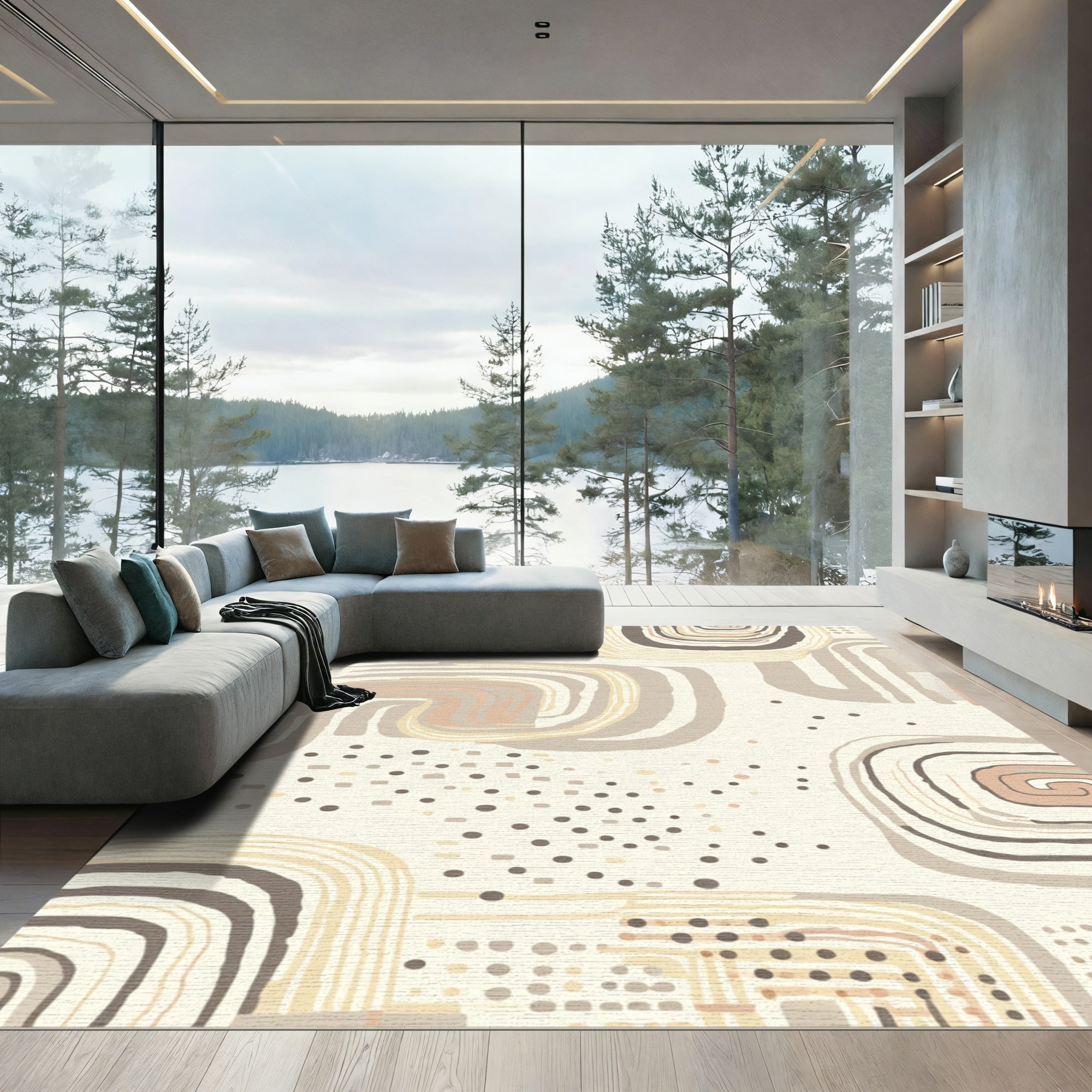 Neutral Swirls And Dots Abstract Rug