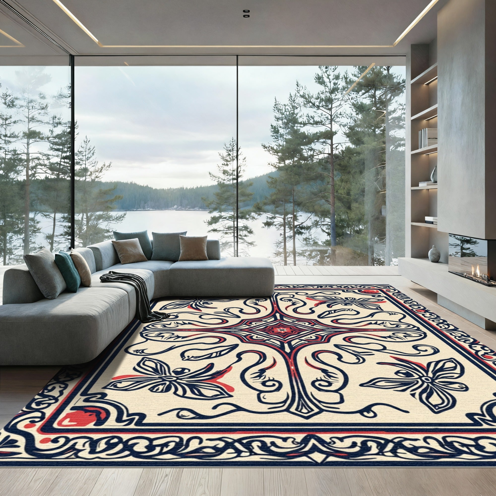 Elegant Ivory Red Butterfly Swirl Rug