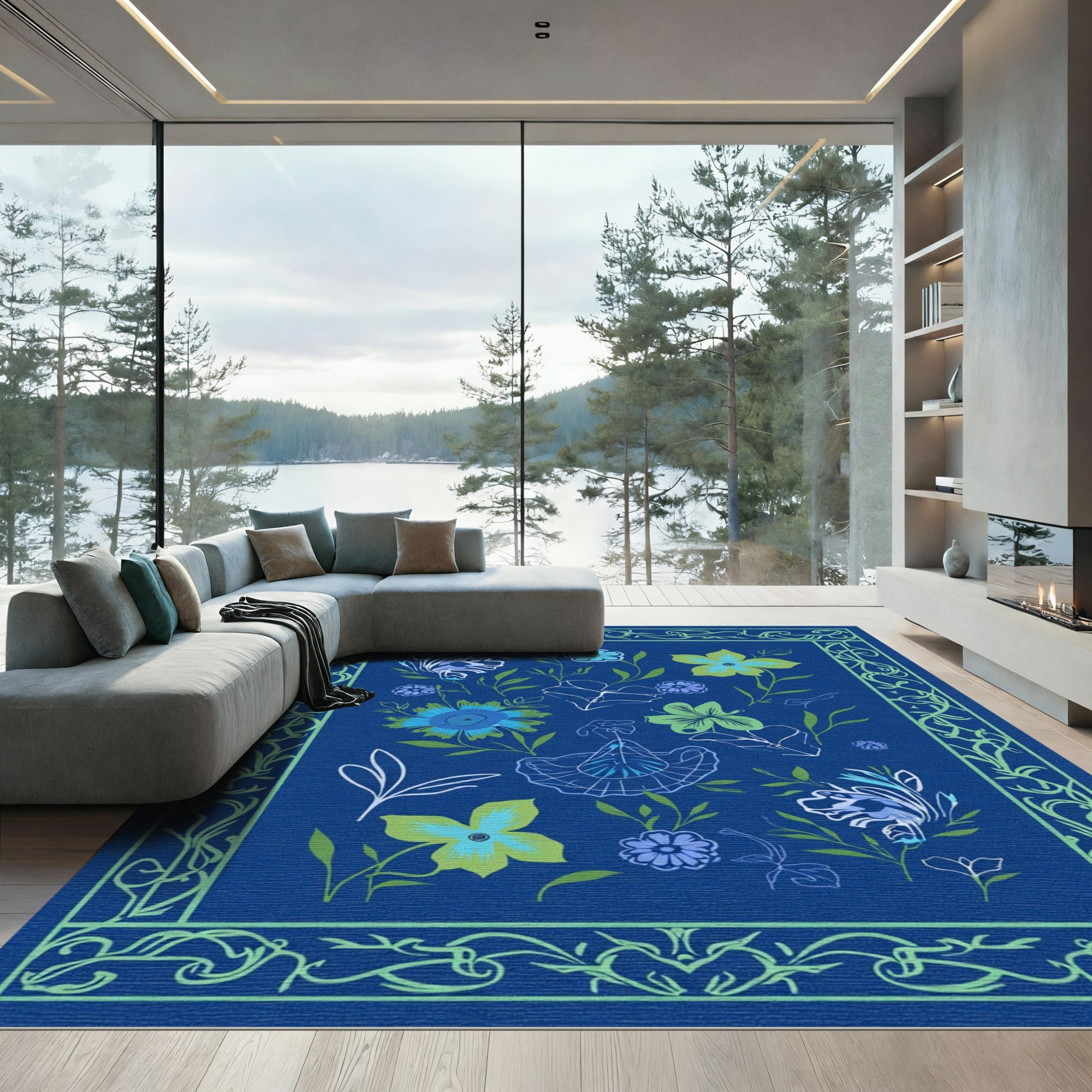 Blue Green Floral Scroll Border Rug