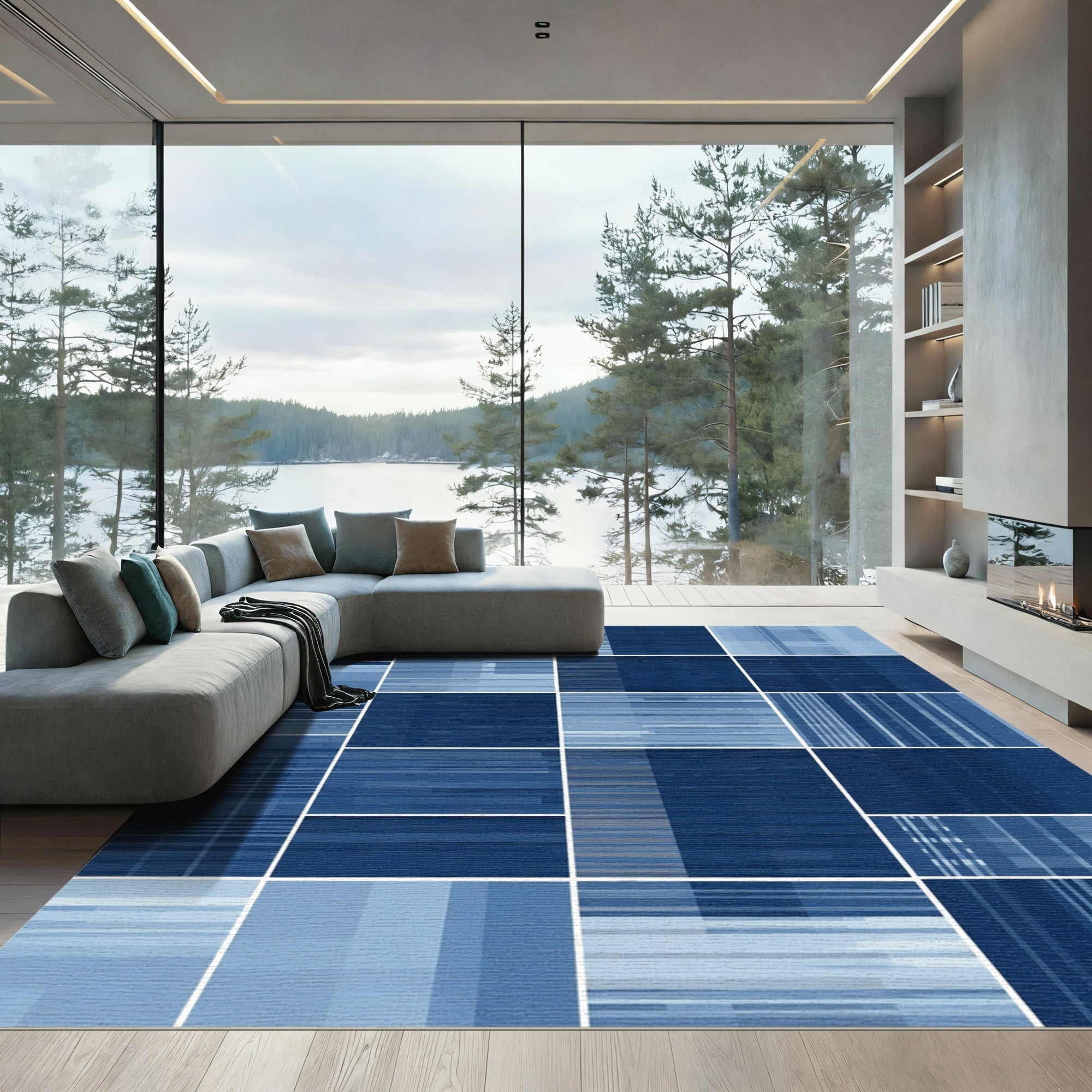 Deep Blue Geometric Pixel Grid Rug