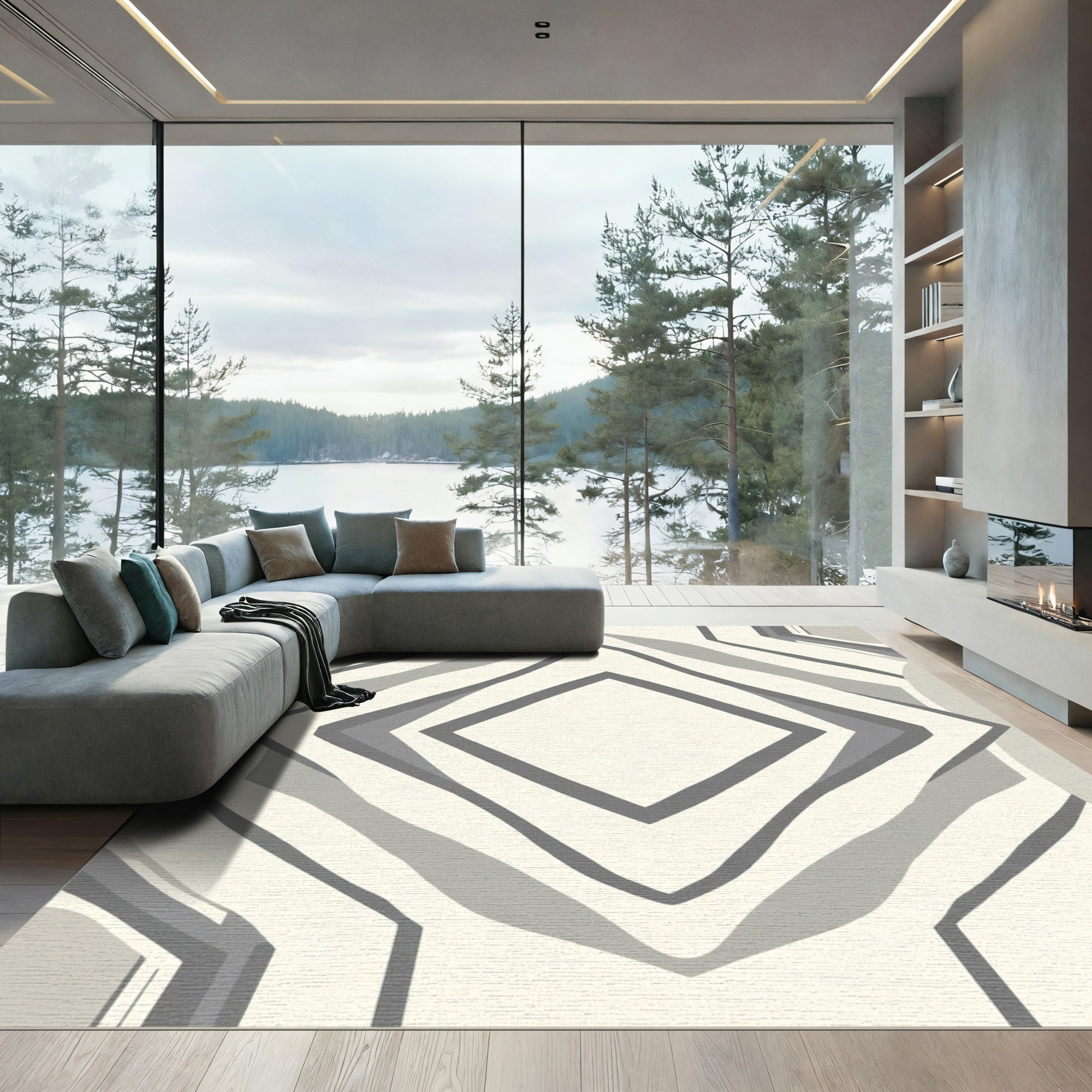 Cream and Gray Geometric Diamond Symmetry Rug