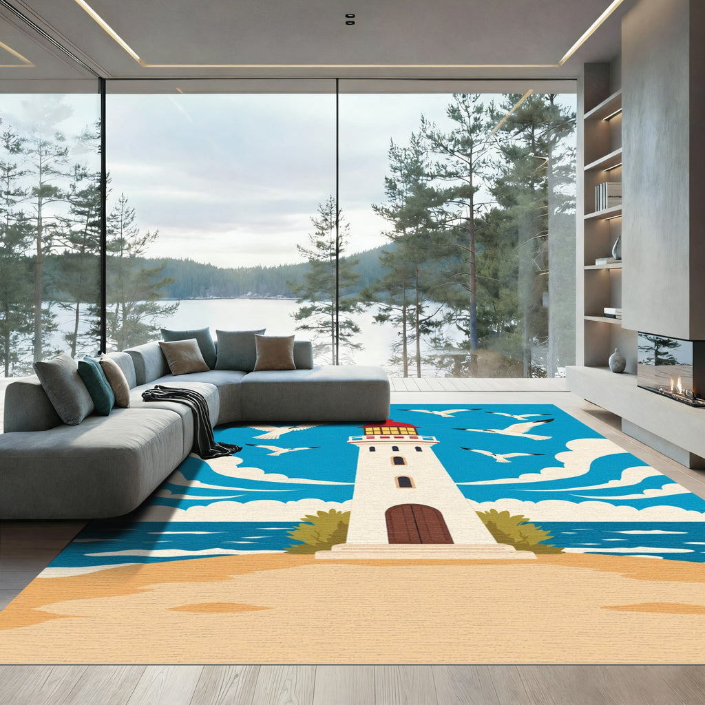 Coastal White Lighthouse Flock Flying Seagulls Rug