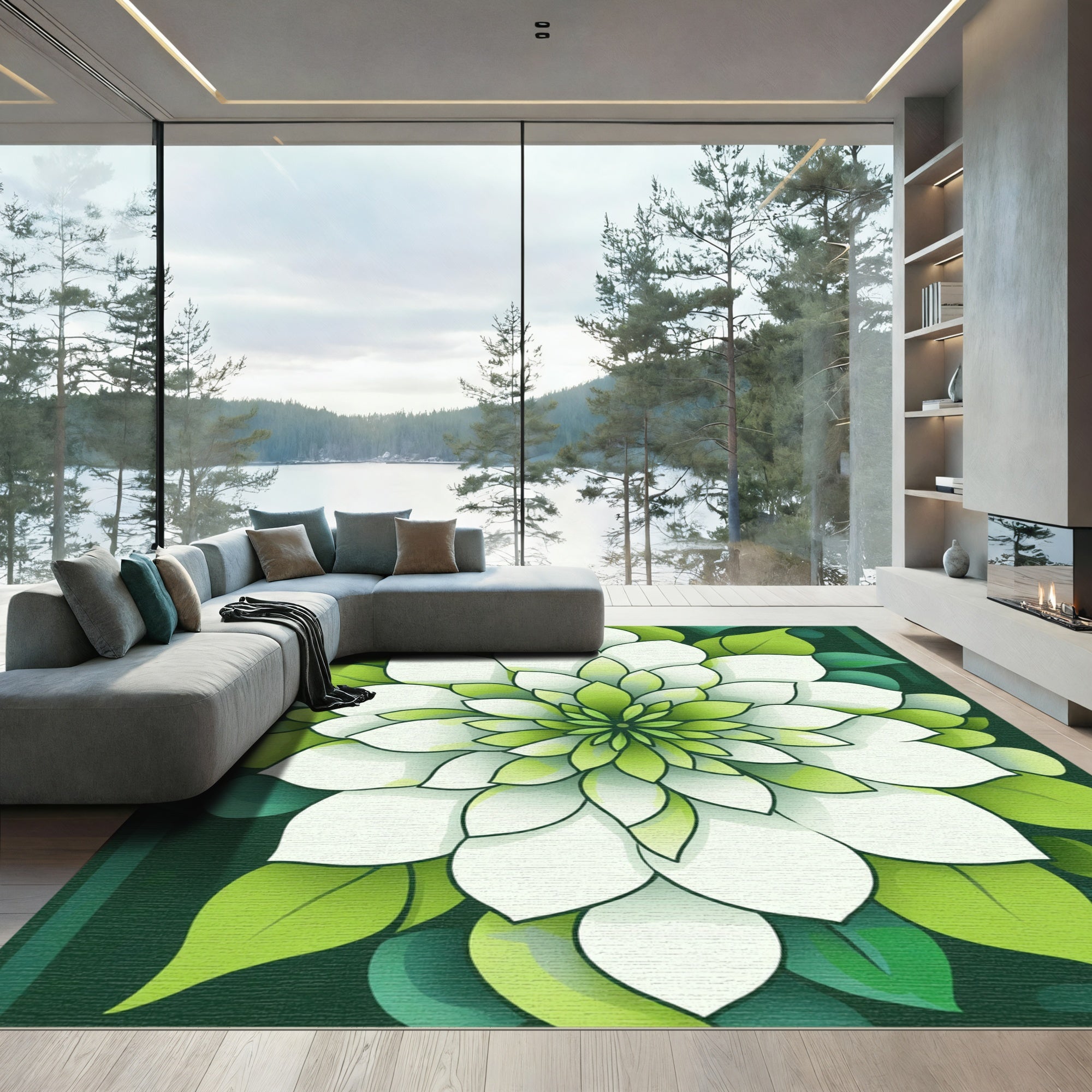 Verdant White Dahlia Mandala Rug