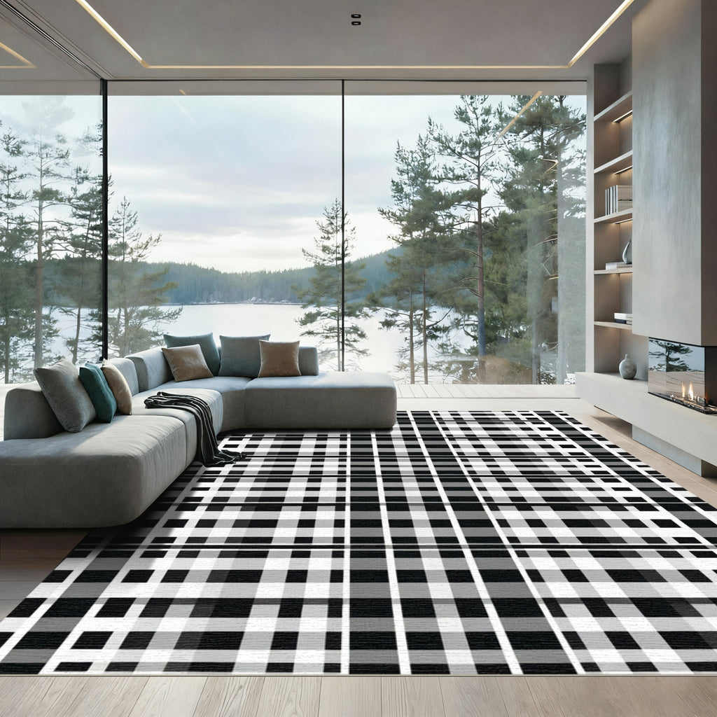 Monochromatic Grid Line Plaid Rug