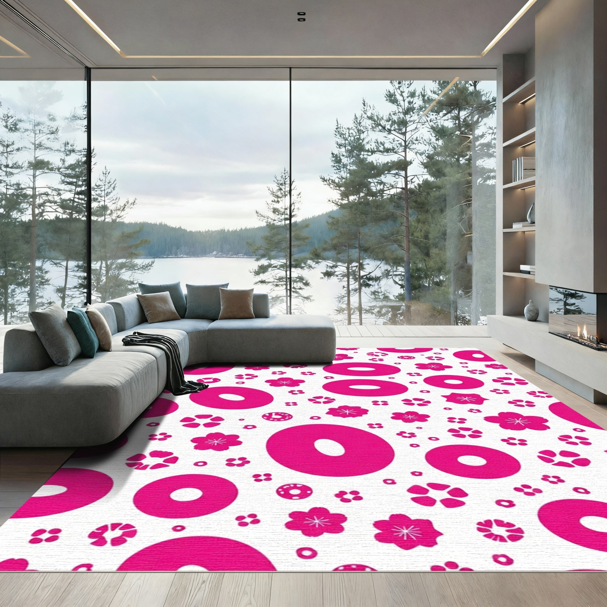 Bright Pink Cherry Blossom Geometric Rug