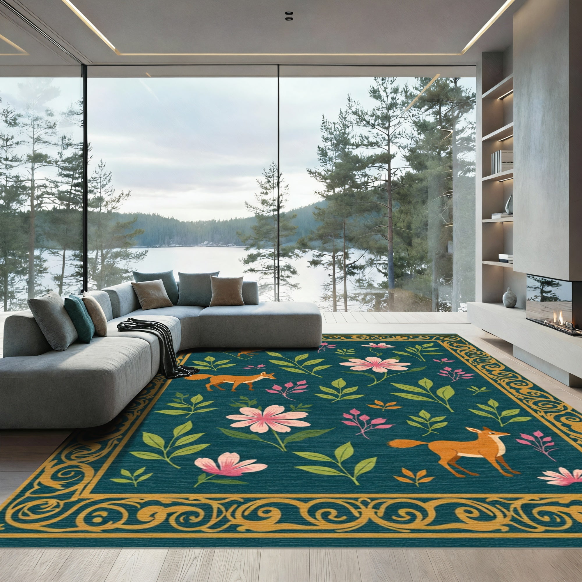 Golden Bordered Fox and Floral Meadow Rug