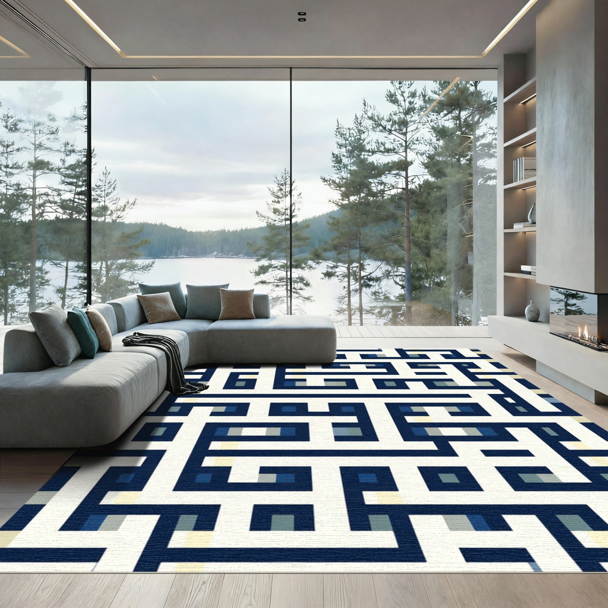 Navy Cream Labyrinth Geometric Rug