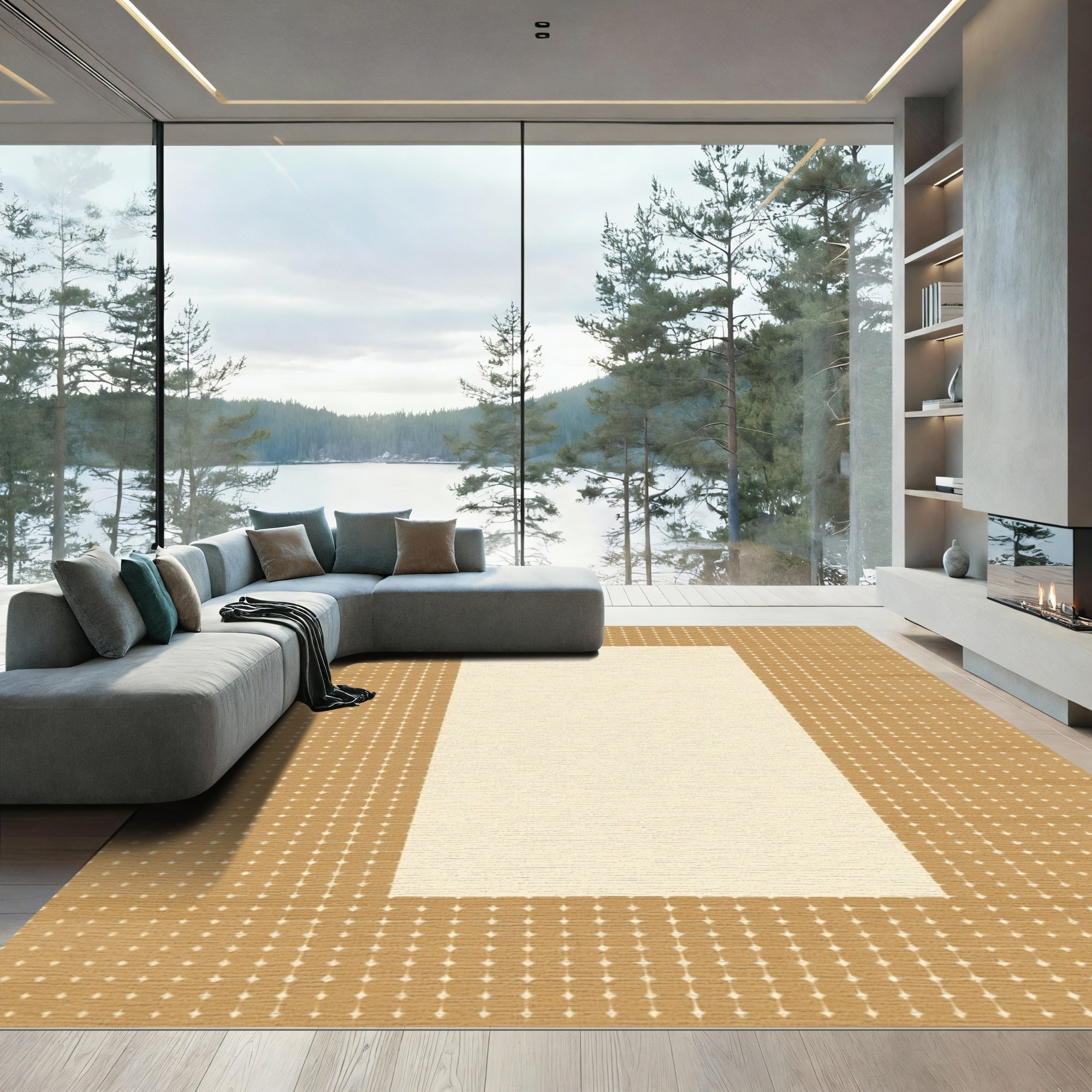Geometric Dot Border In Tan Rug