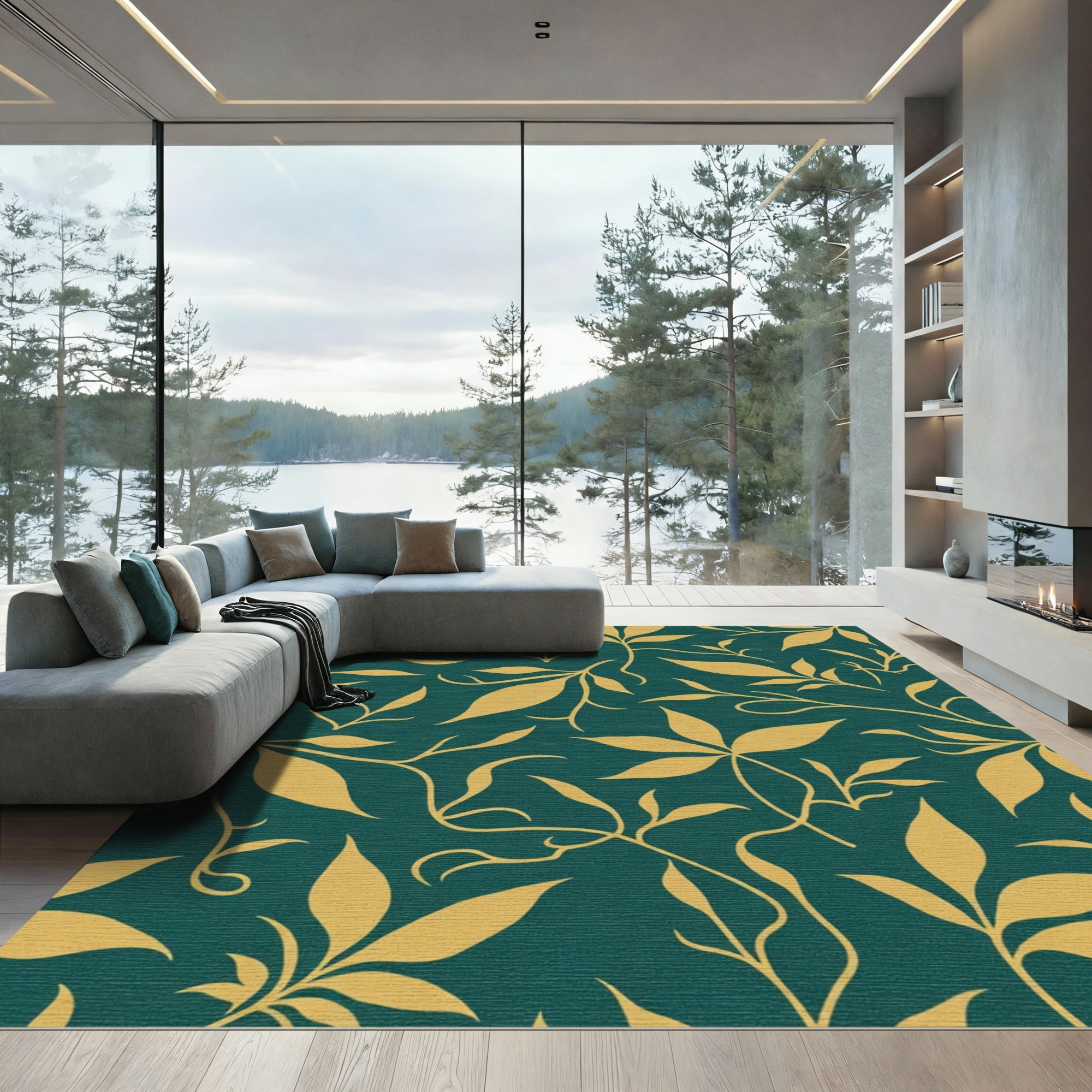 Golden Foliage On Teal Background Rug