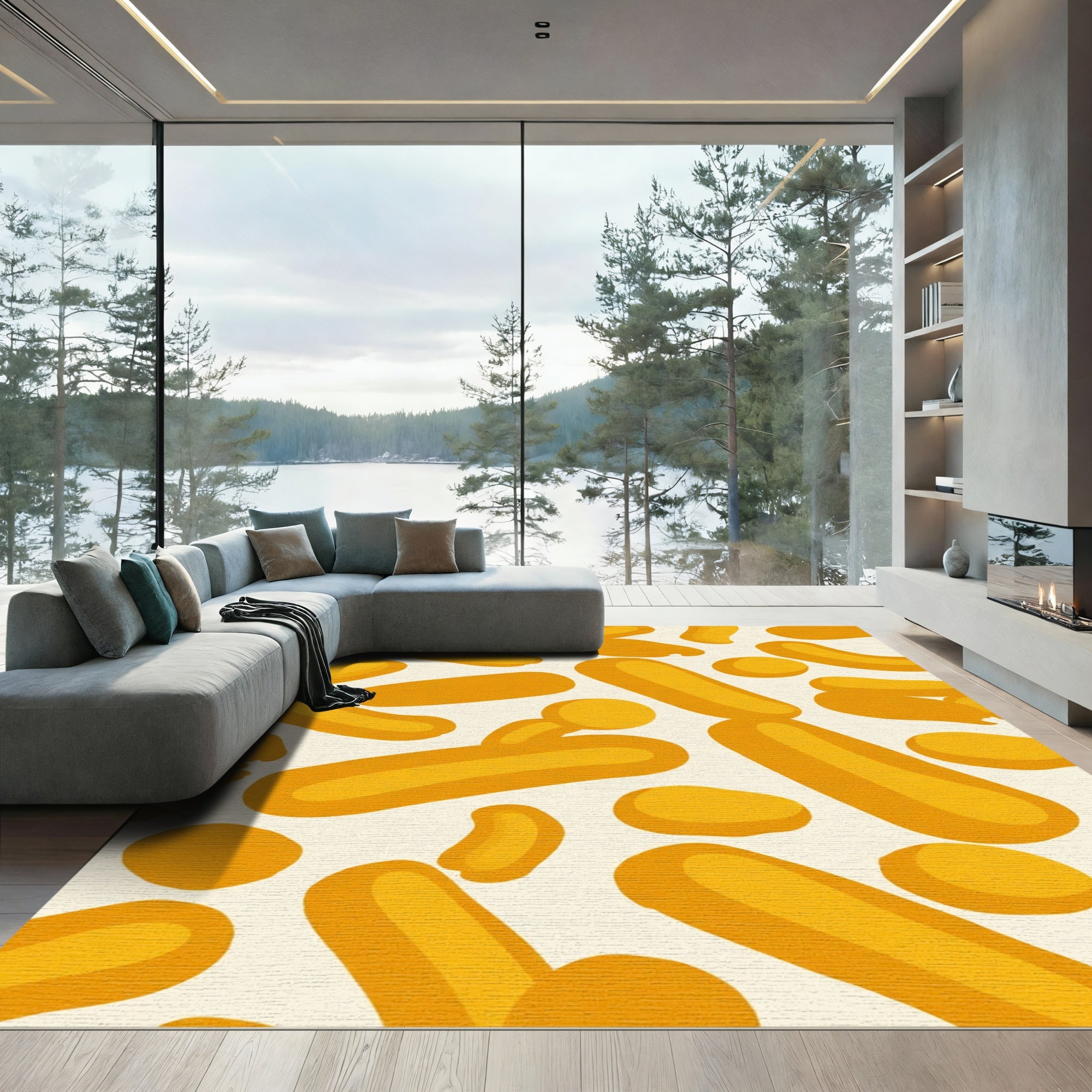 Gold Rounded Rectangles Abstract Composition Rug