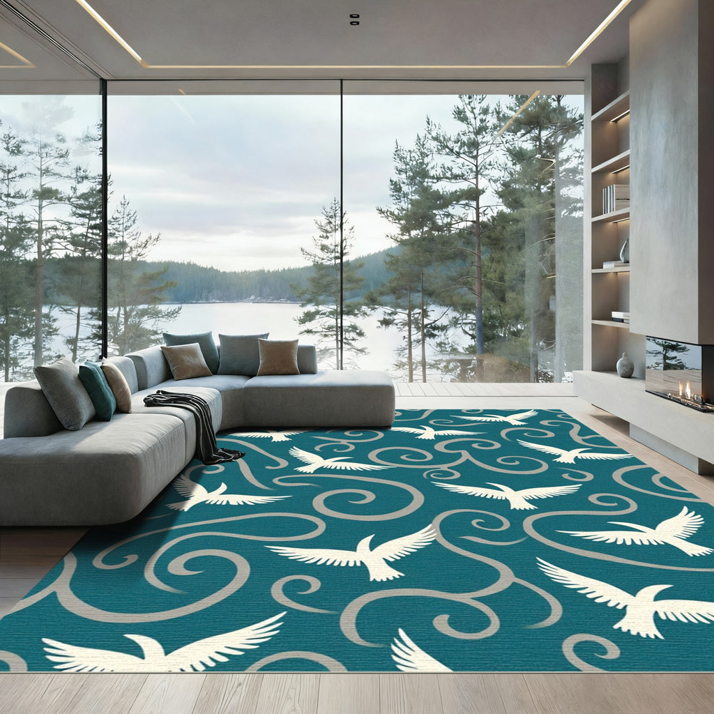 Teal White Bird Swirl Art Rug