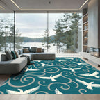 Teal White Bird Swirl Art Rug