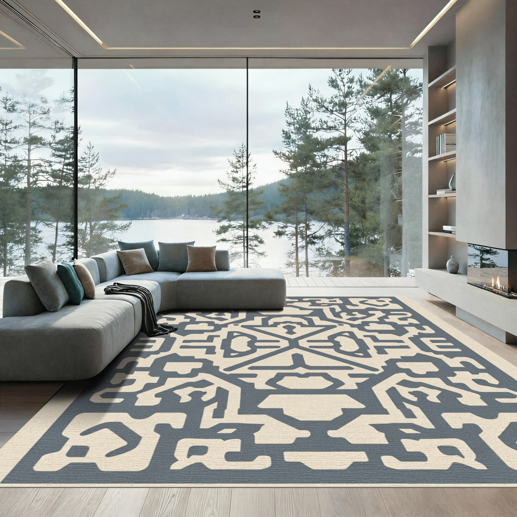 Blue Geometric Abstract Maze Rug