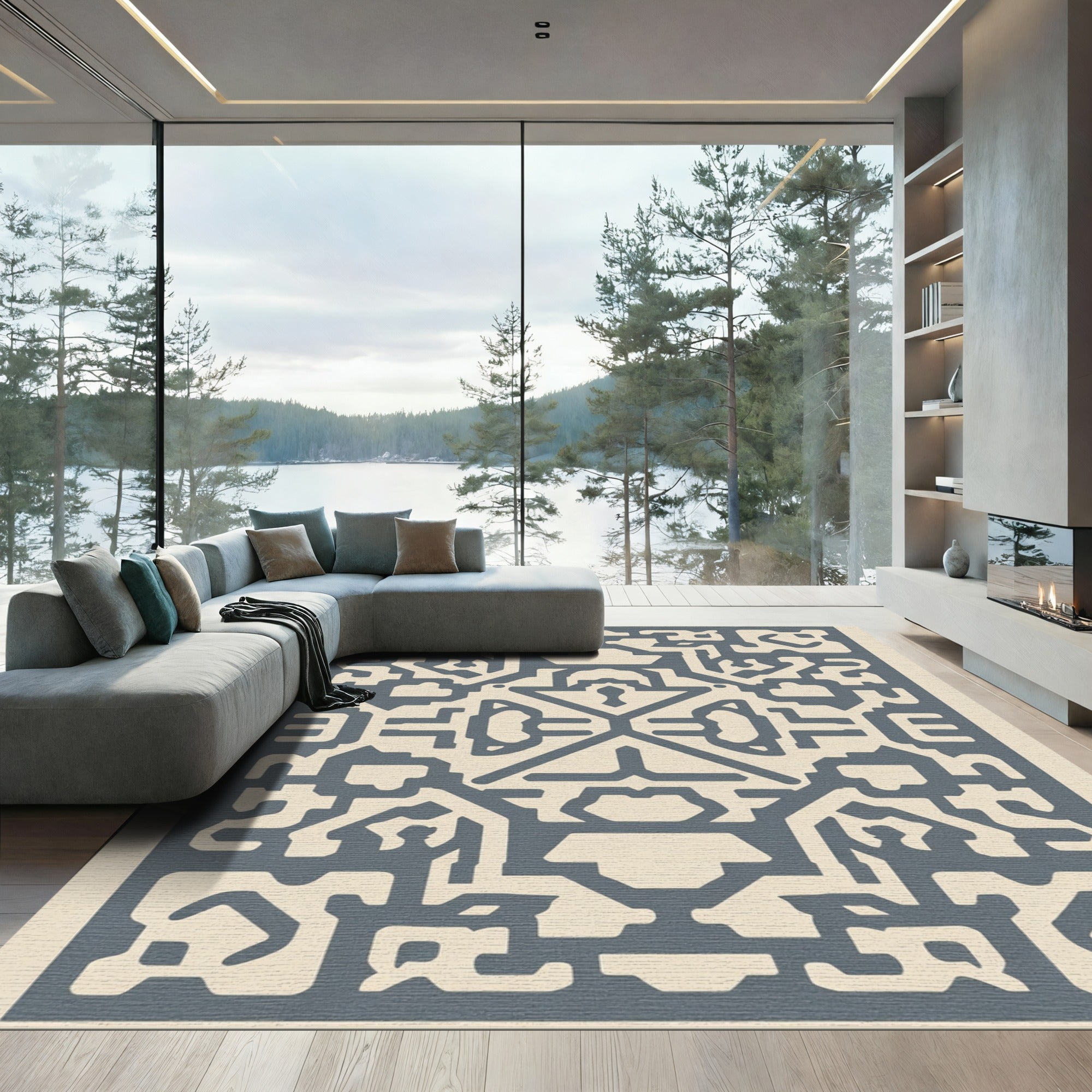 Blue Geometric Abstract Maze Rug