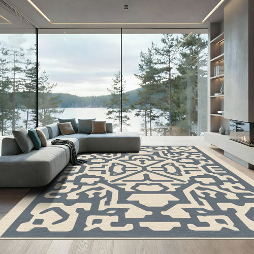 Blue Geometric Abstract Maze Rug