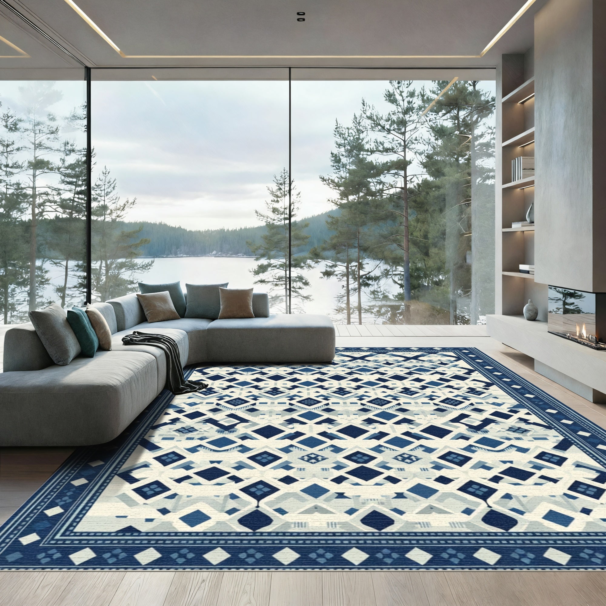 Navy Blue White Diamond Geometric Rug