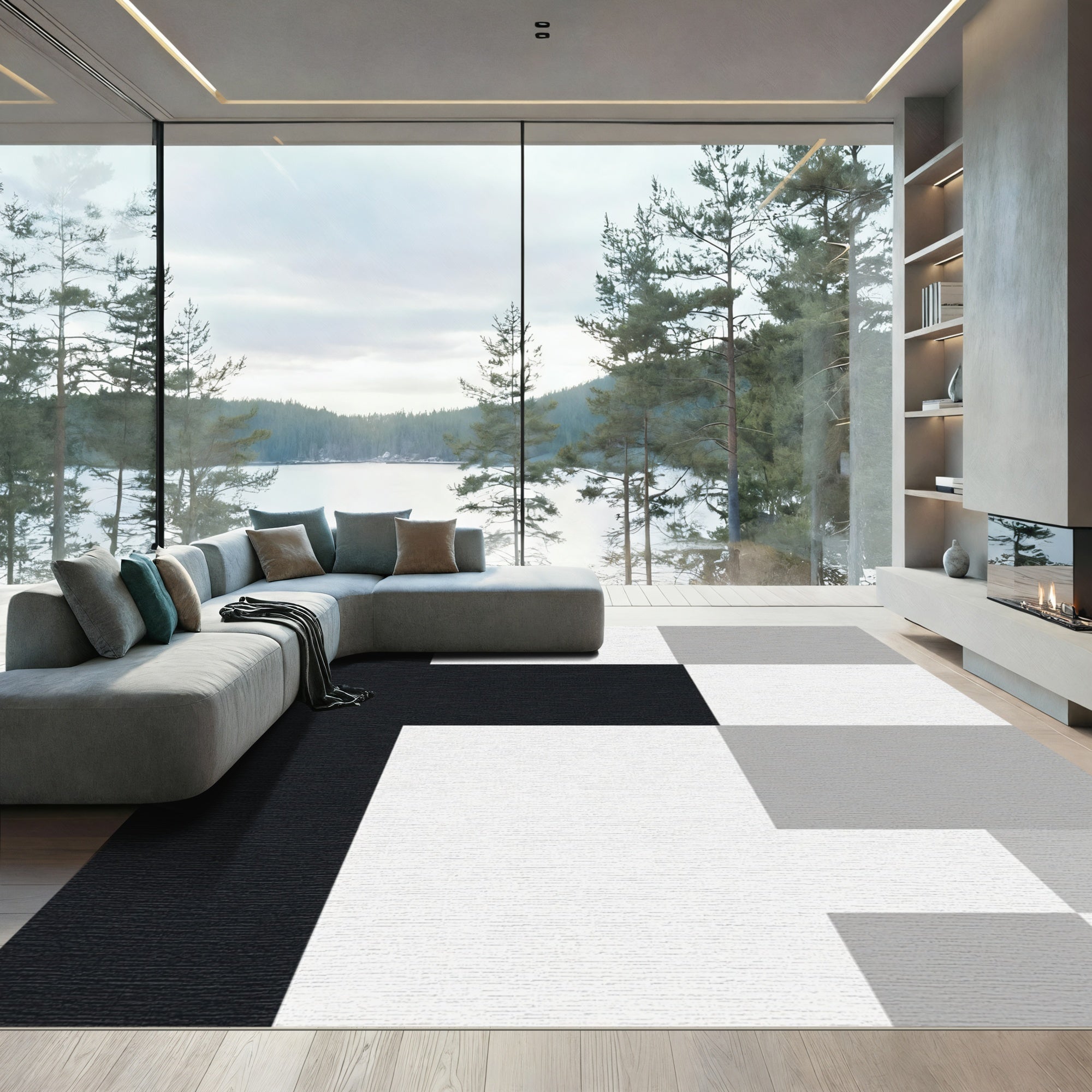 Modern Monochrome Geometric Blocks Rug