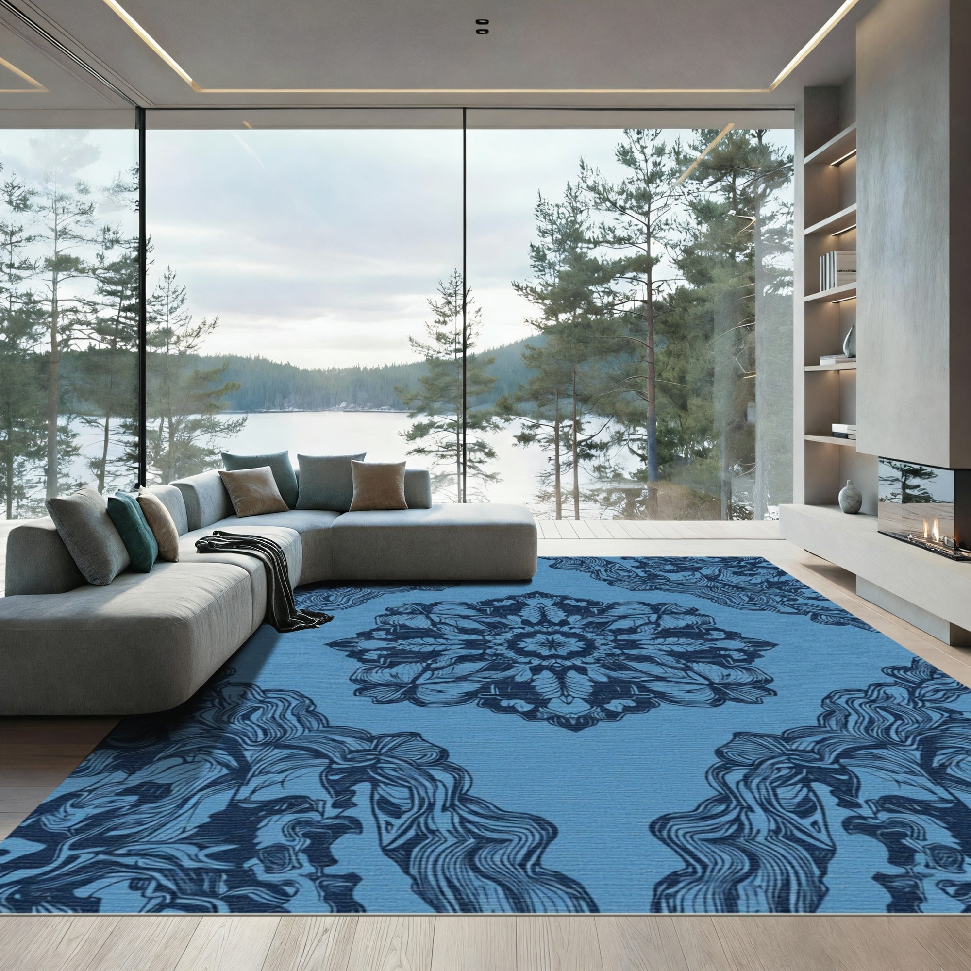 Deep Blue Floral Mandala Repeat Rug