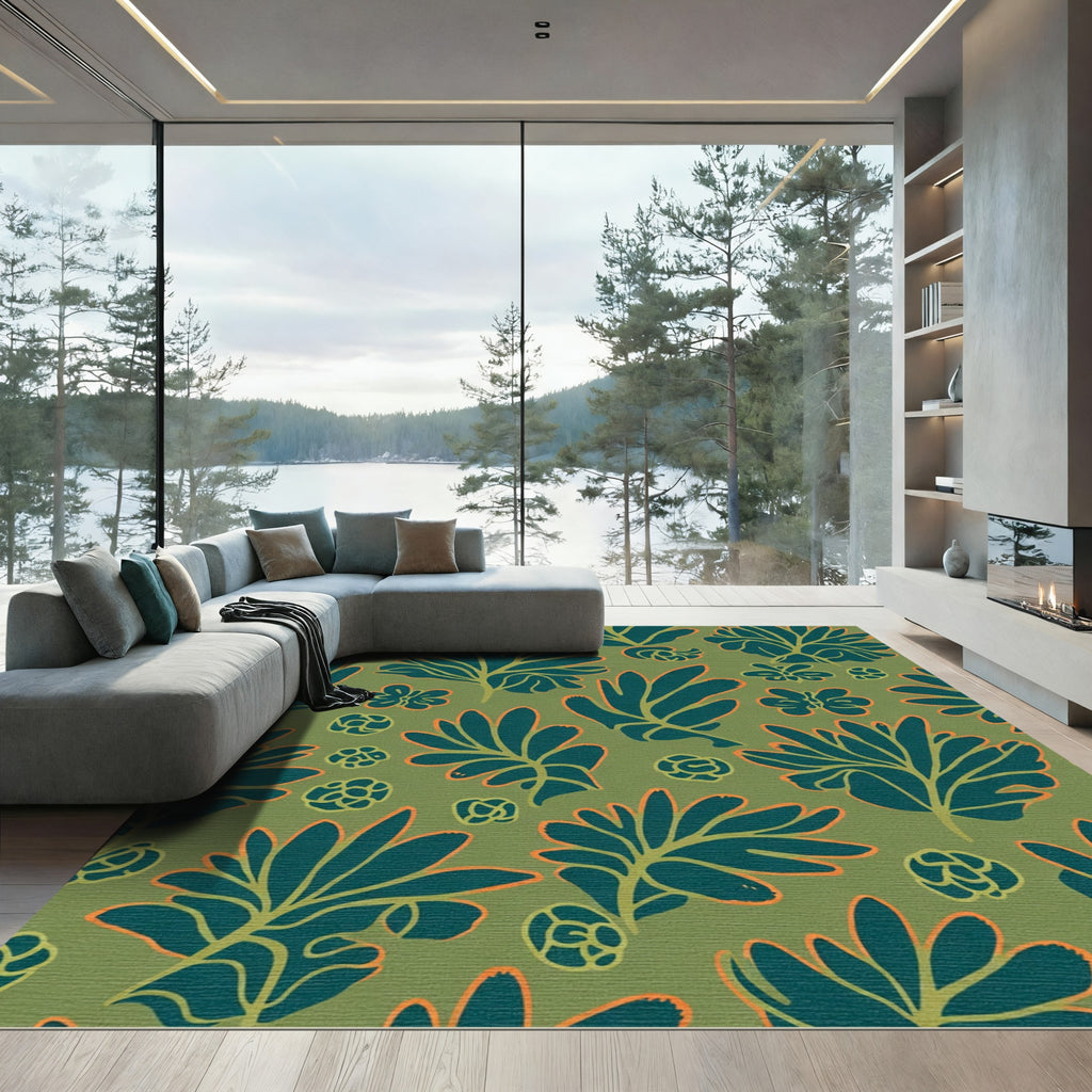 Olive Green Tropical Leaf Outline Rug