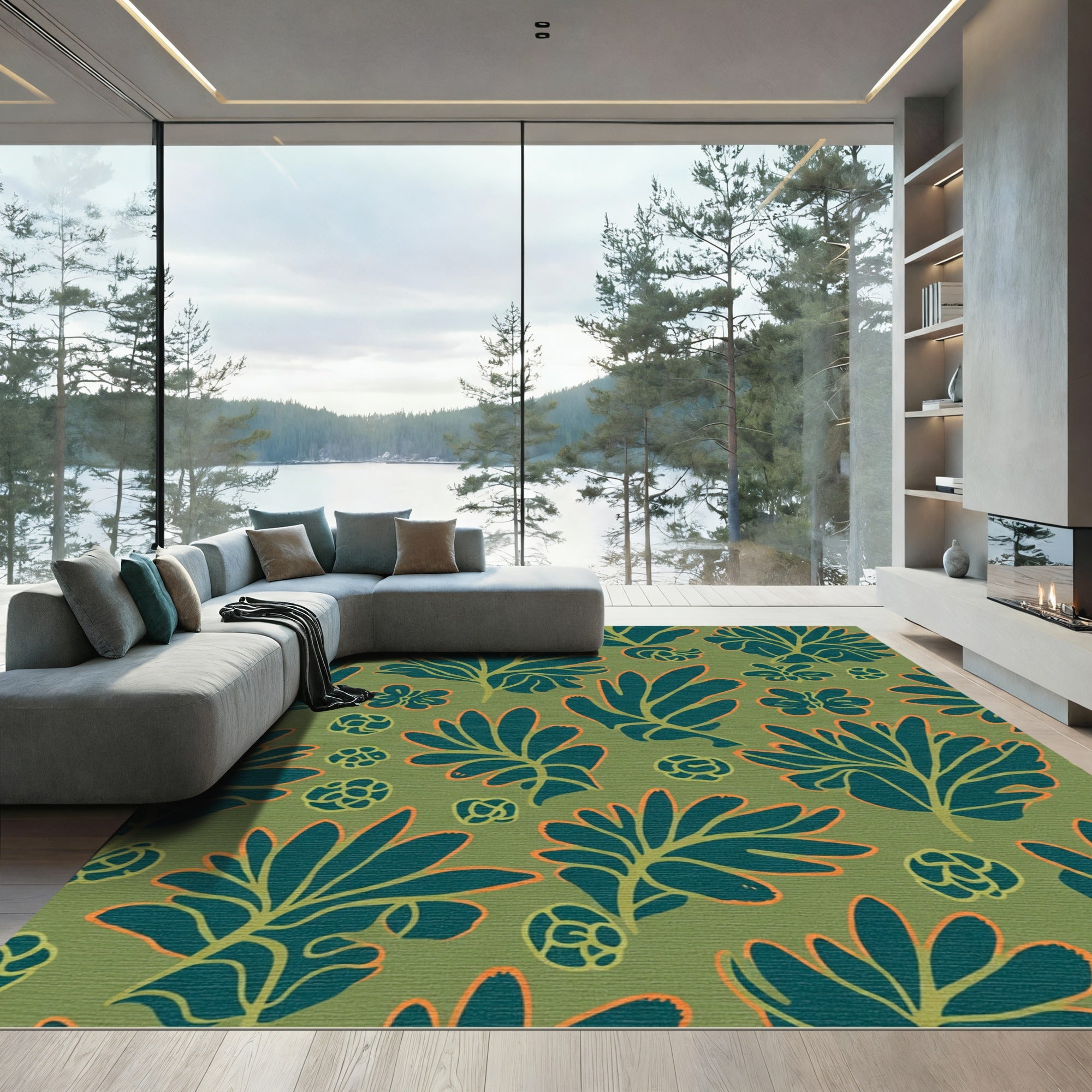 Olive Green Tropical Leaf Outline Rug