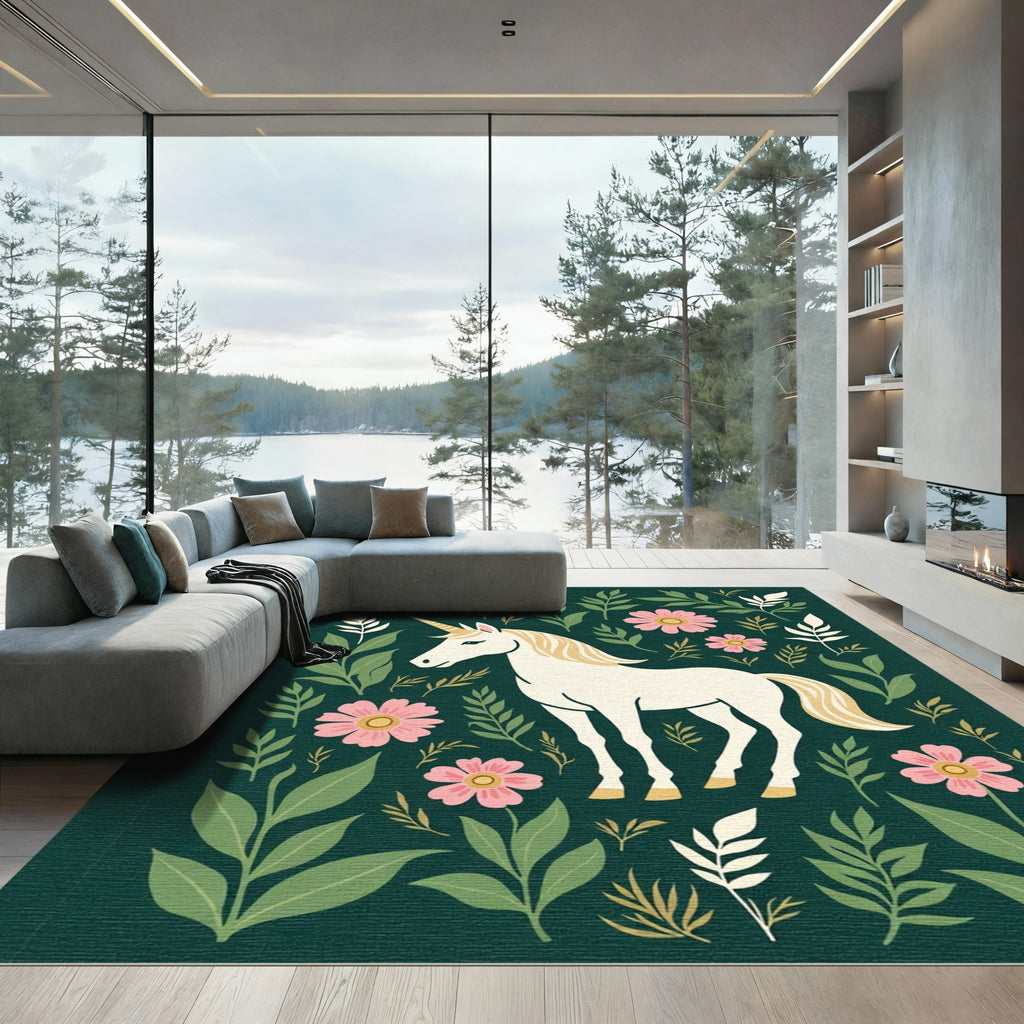 Whimsical Unicorn Pink Floral Garden Rug