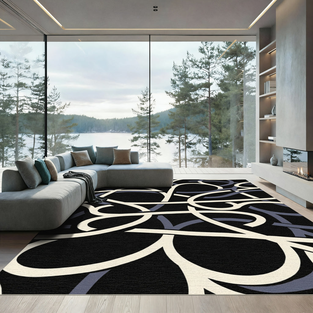 Modern Black Cream Gray Ribbon Loop Rug