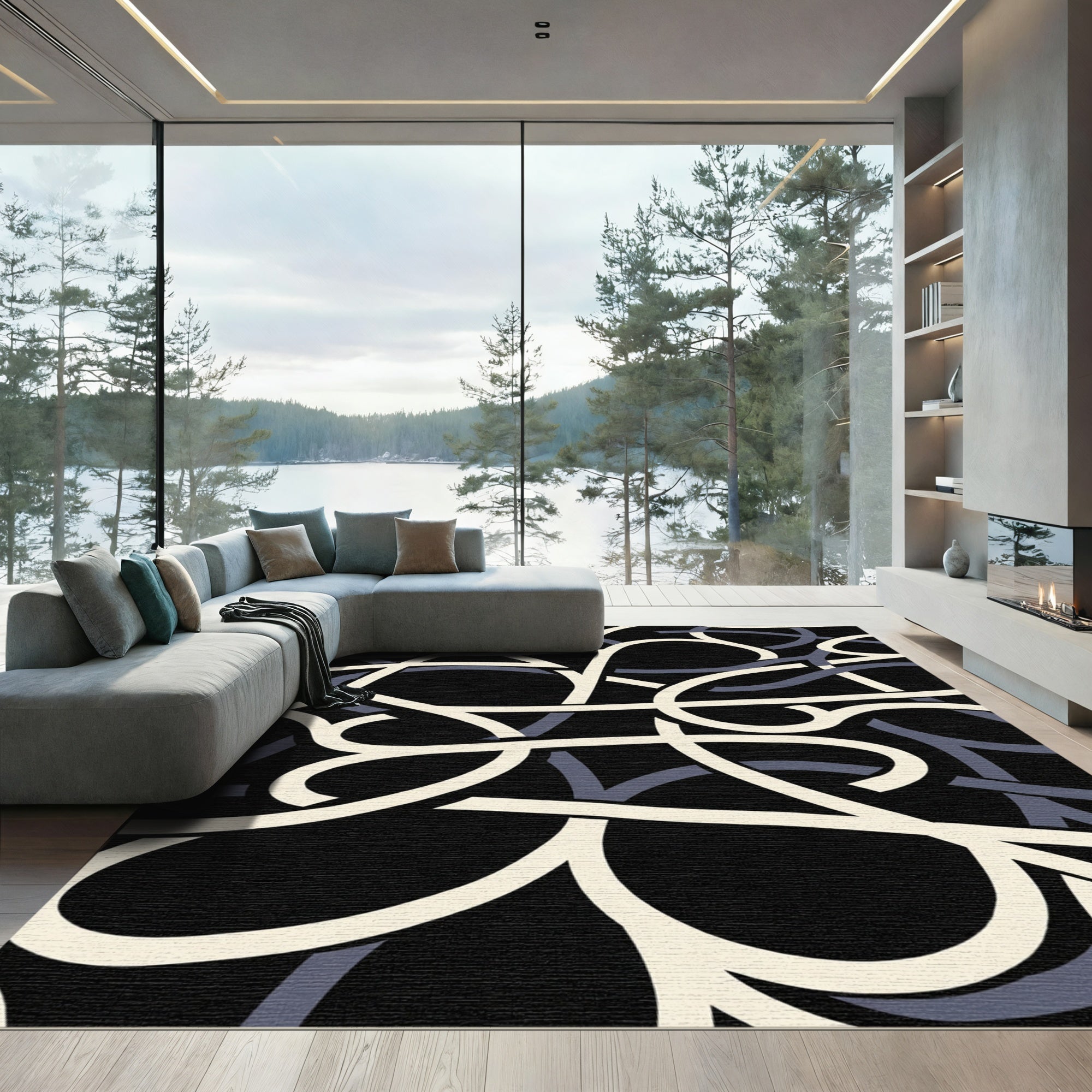 Modern Black Cream Gray Ribbon Loop Rug