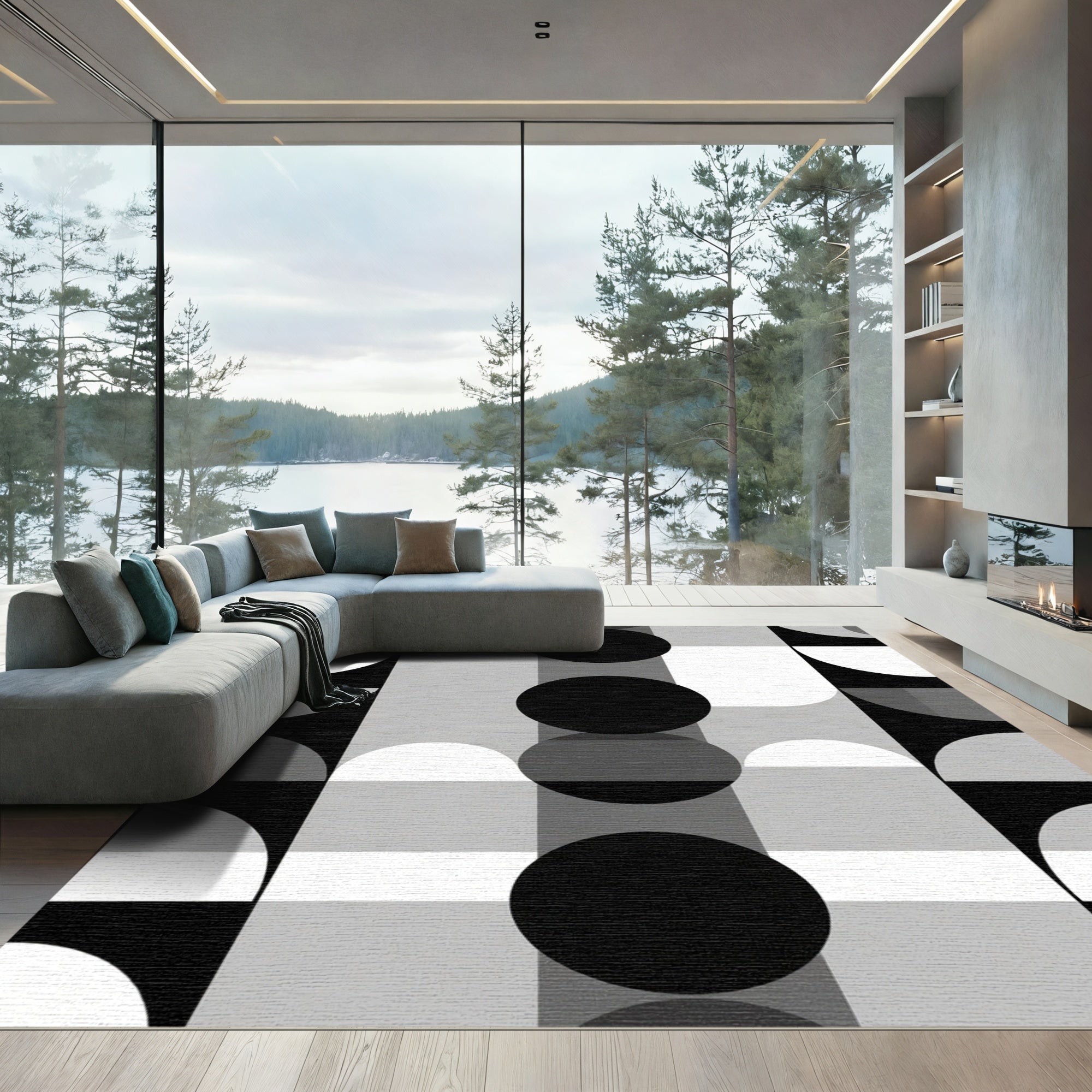 Monochrome Geometric MidCentury Modern Circles Rug