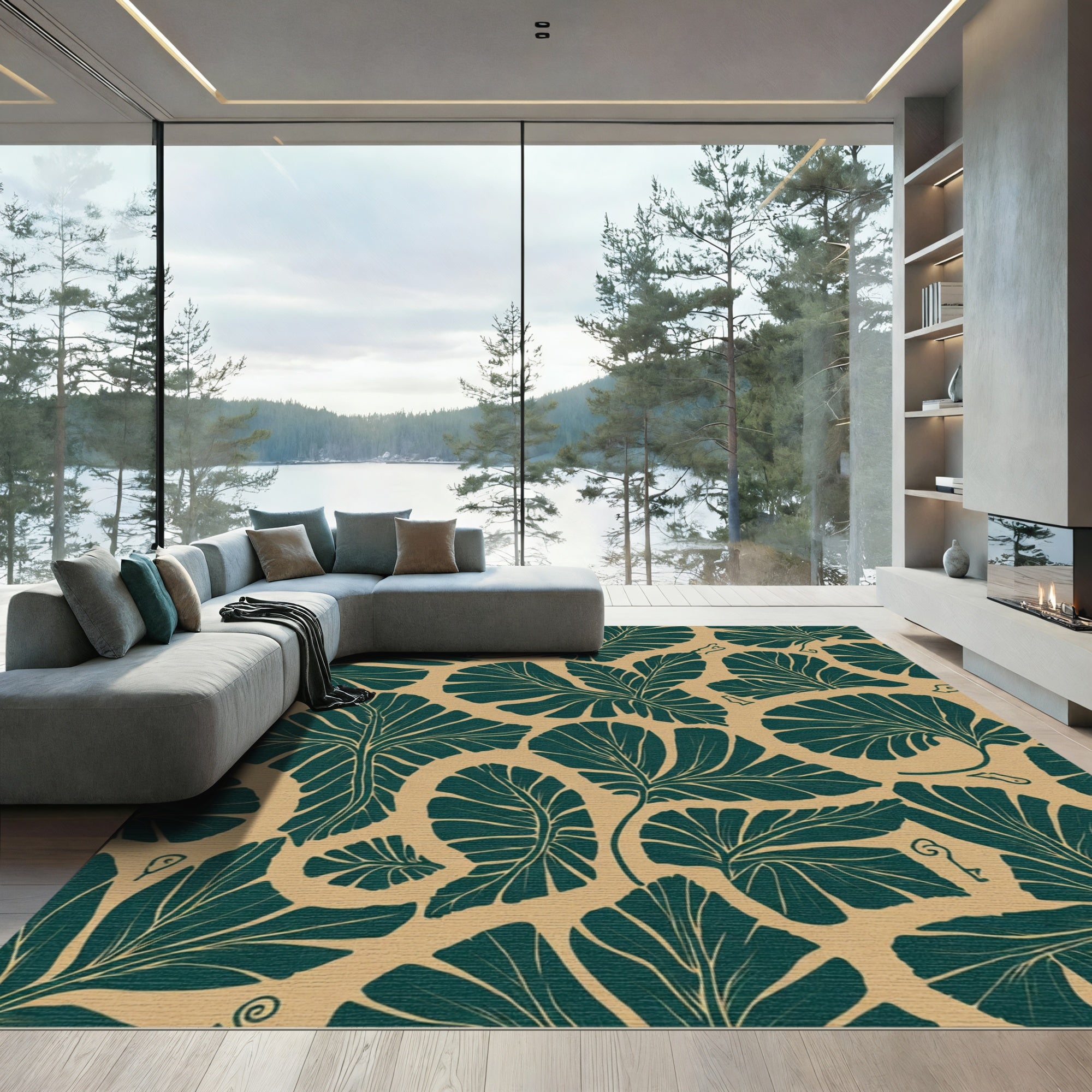 Lush Teal Fan Leaf Arrangement Rug